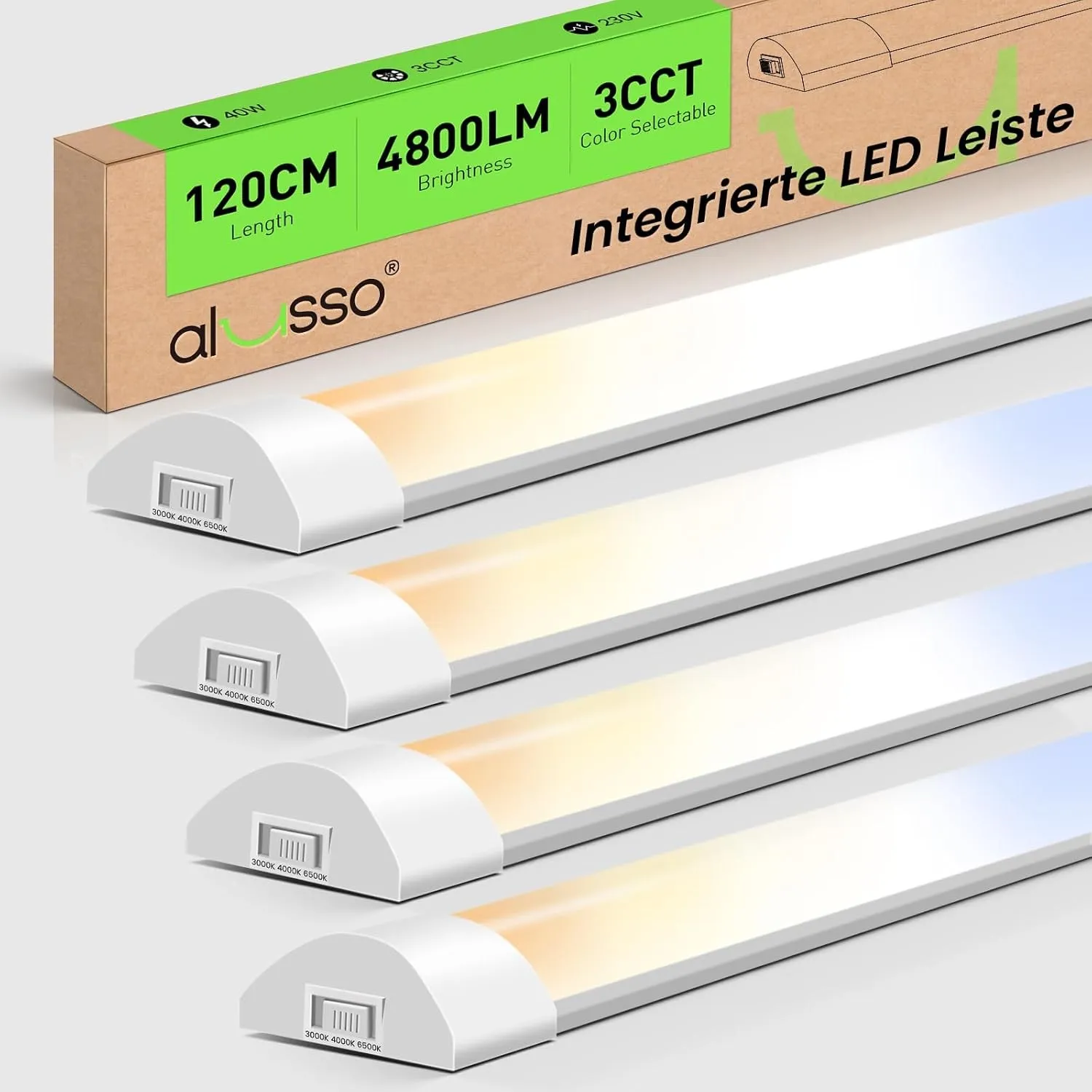 ALUSSO 4er Set LED Röhre 120cm, Integrierte Leiste Superhelle Garage Lampe
