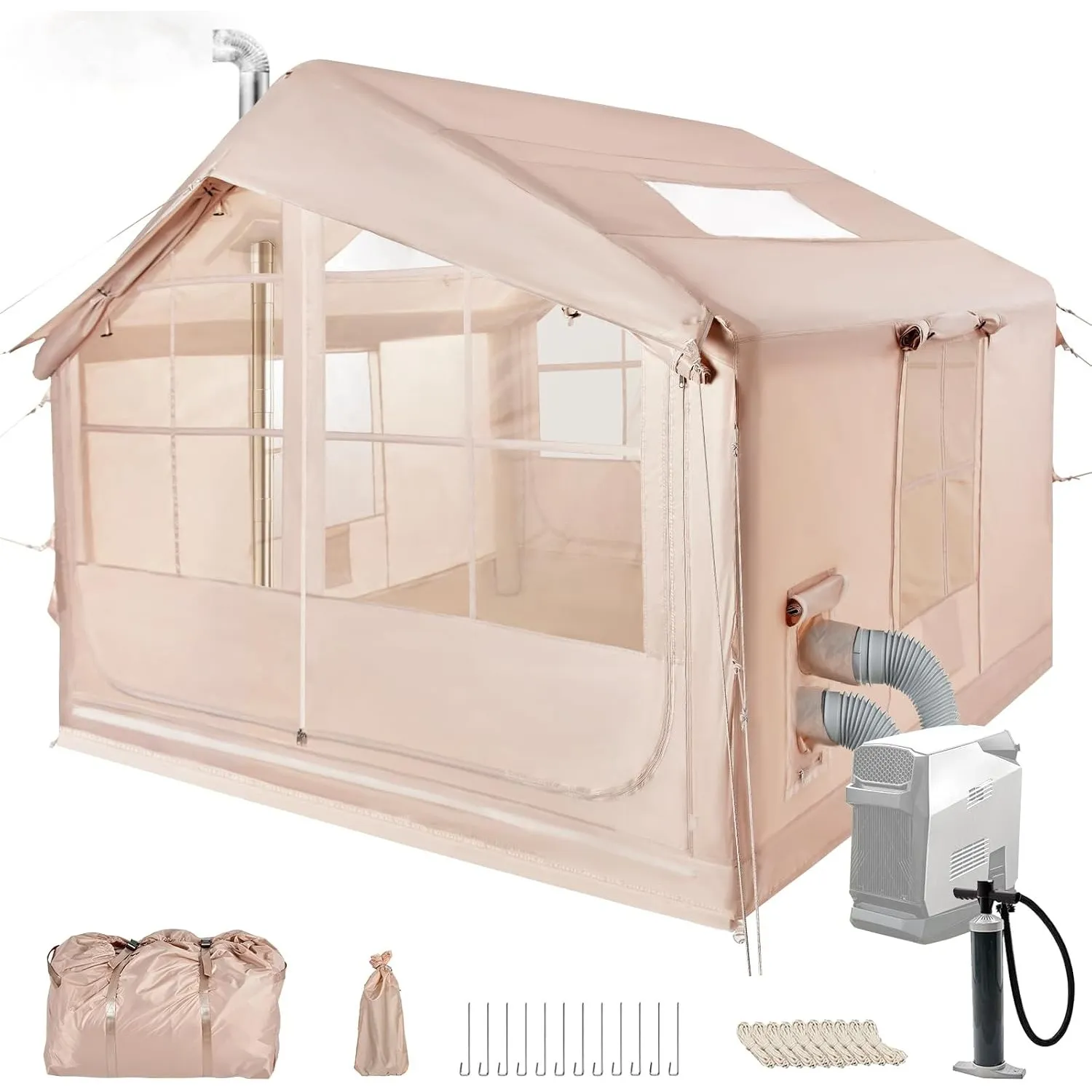 Aufblasbares Campingzelt mit Kaminöffnung & Dachfenster, Aufblasbare Zelt für 2-10per mit Luftpumpe, Zelt Aufblasbar au…