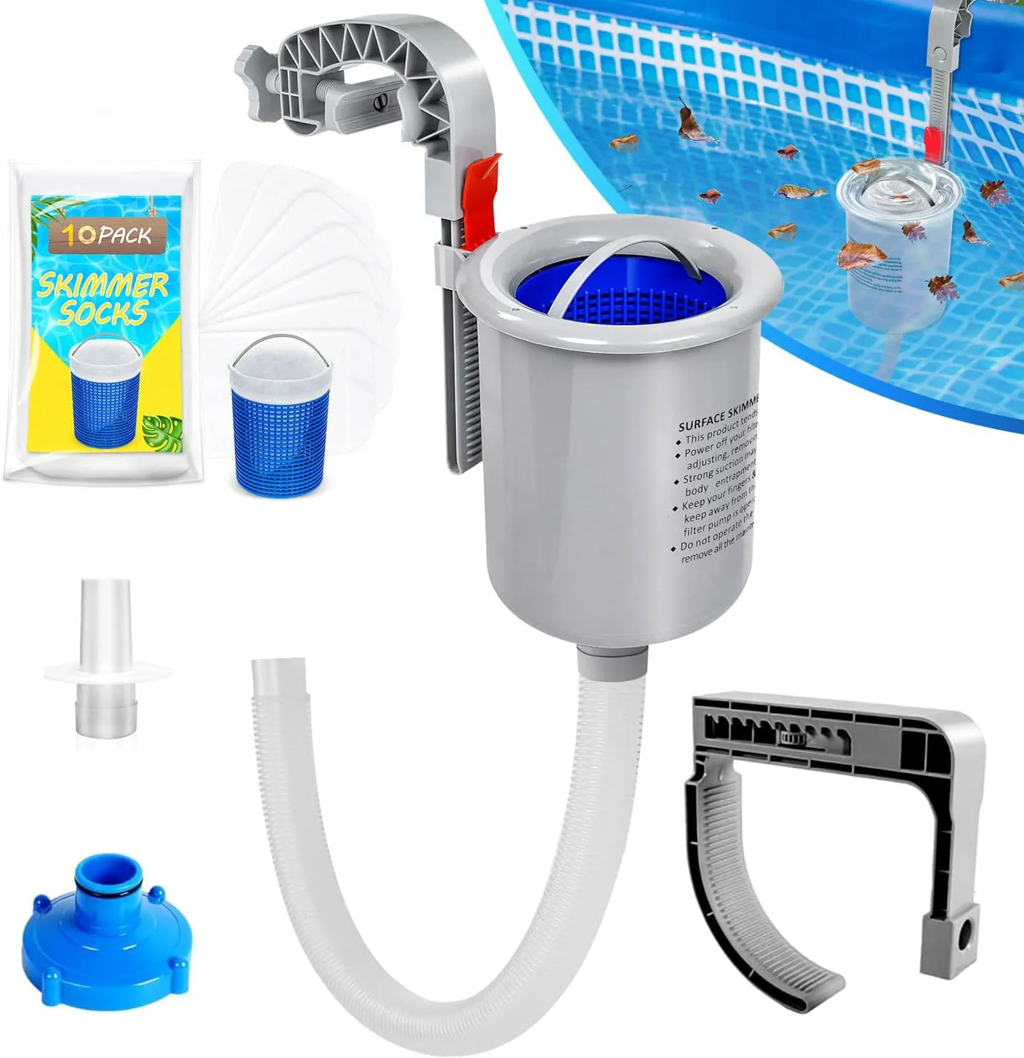 Pool Skimmer for Above Ground Pool with 10 Pieces Skimmer Socks, Floating Pool Hanging Skimmer Surface Skimmer Basket f…