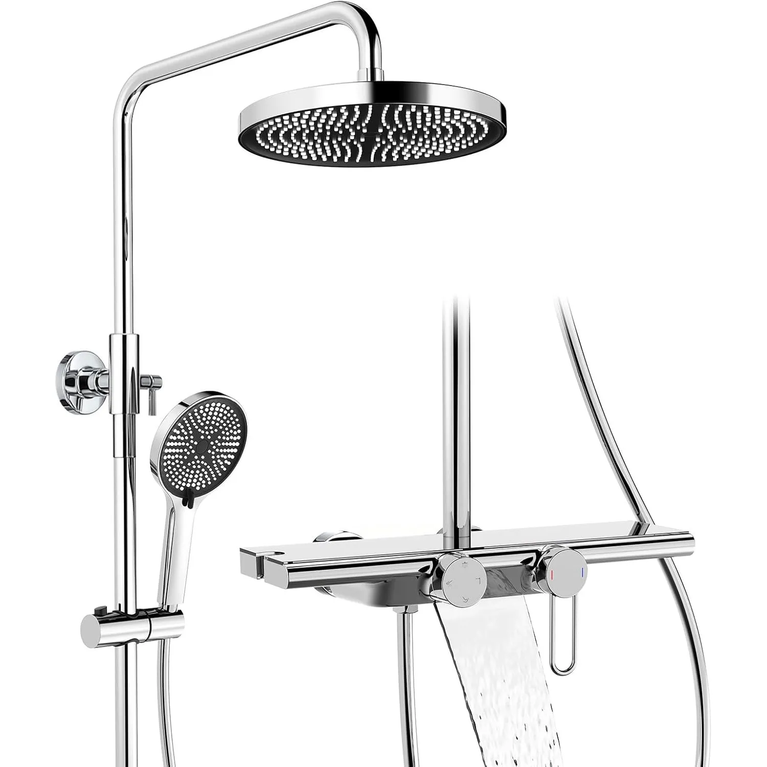 HOMELODY Duschsystem mit Armatur und Glasablage Chrom - Duscharmatur Komplettset mit 5 Strahlarten Handbrause,Regendusc…