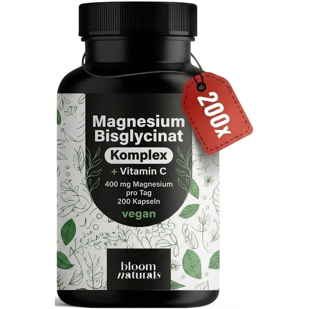 Magnesium Komplex hochdosiert - 200 Kapseln - 400 mg Magnesium pro Tag + Vitamin C, mit Bisglycinat, Citrat, Oxid, L-As…