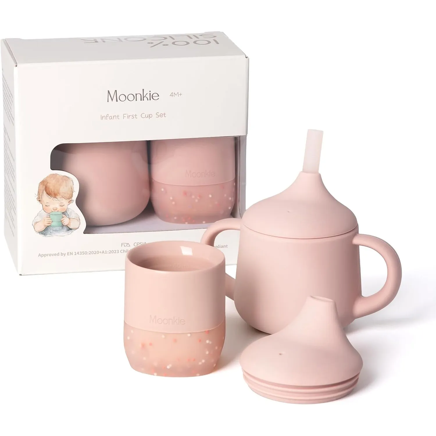 Moonkie Trinklernbecher Baby Silikon Set | 2-teilig: Offener Lernbecher 60ml + 3-Stufen Trinklernbecher 120ml | mit Tri…