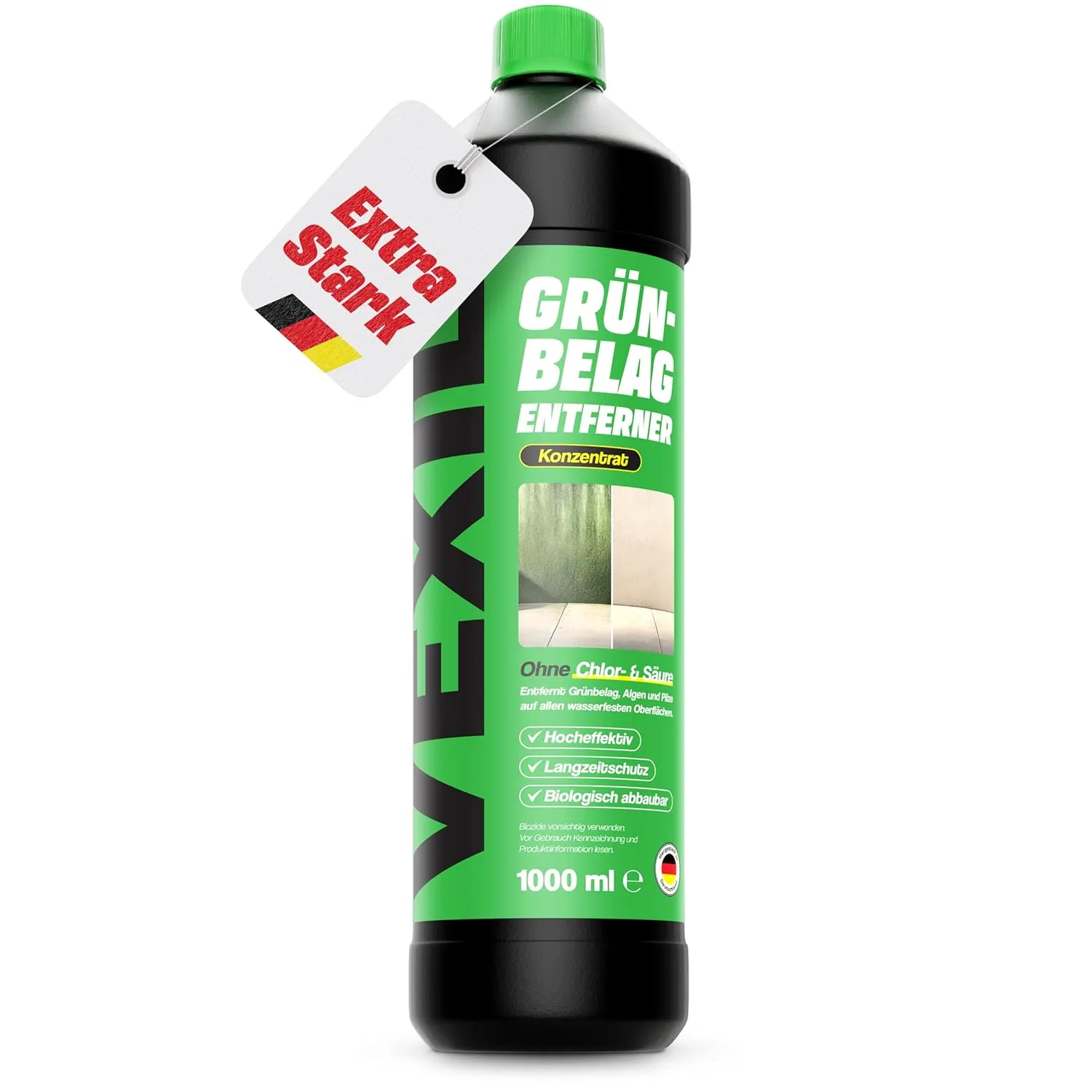 VEXIL® Grünbelagentferner Konzentrat – entfernt Algen, Moos, Pilze & Flechten – für Stein, Holz, Wände, Markissen und m…