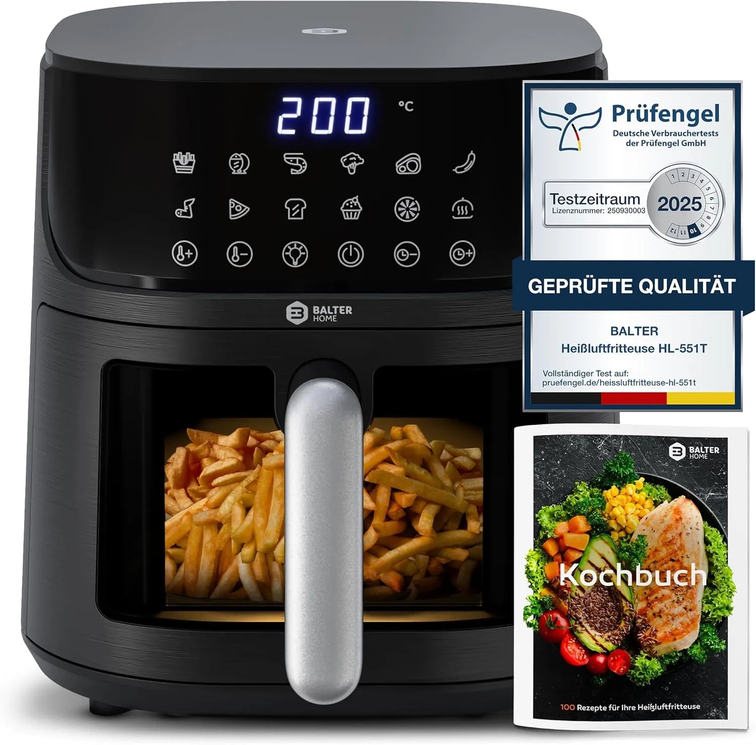 Balter Heißluftfritteuse Airfryer, 5,5 L, Friteuse Heissluftfritteuse XXL mit Sichtfenster, 12 Programme, all-in-1 Air …