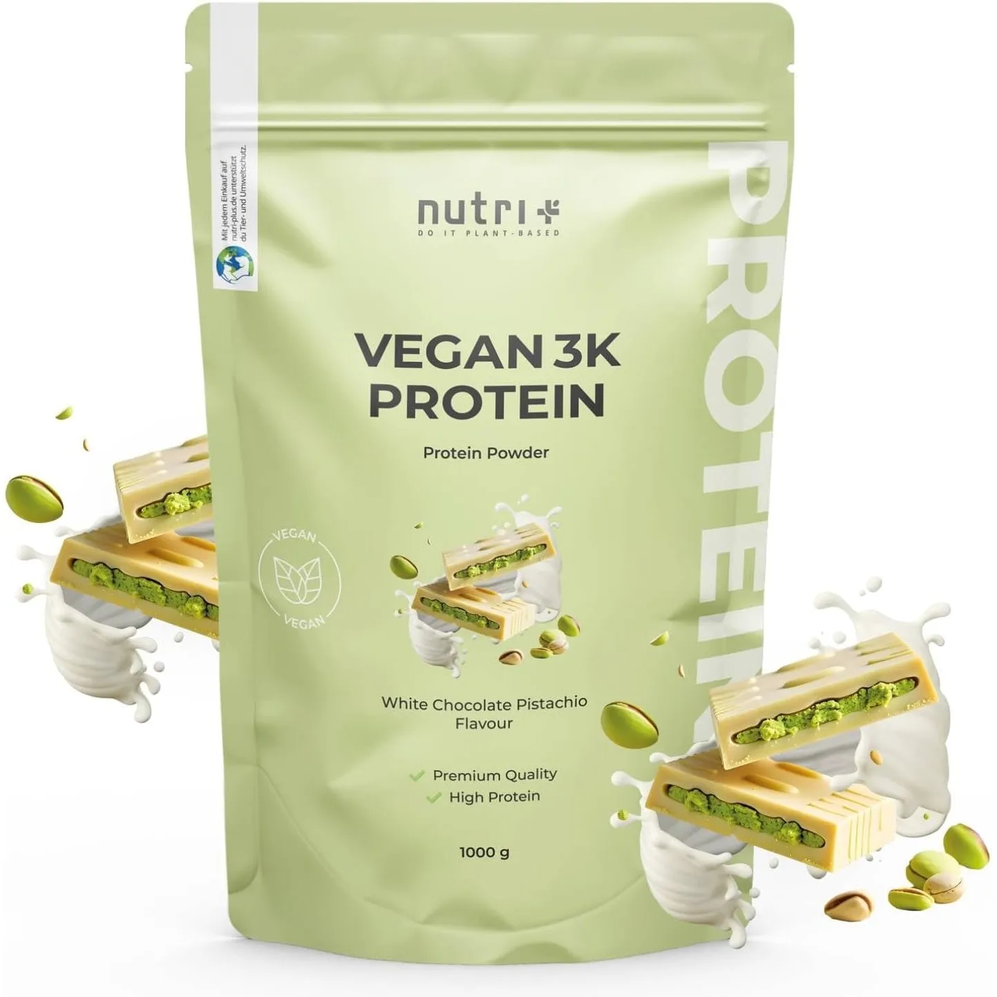 Nutri + Veganes Proteinpulver Weiße Schokolade Pistazie 1 kg - 76% Eiweiß - 3k Eiweißpulver - Protein Pulver Vegan 1000…