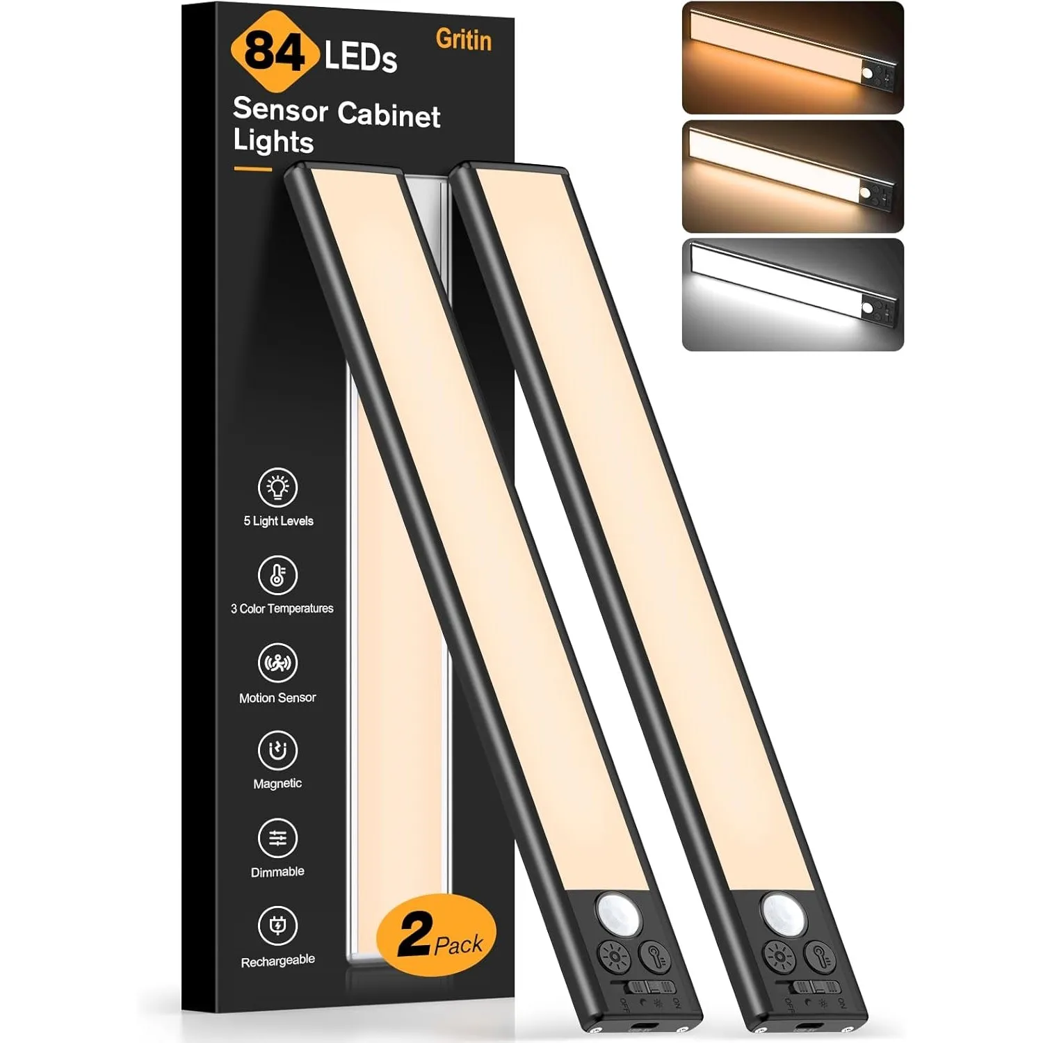 Gritin 26cm Schrankbeleuchtung Unterbauleuchte Küche Motion-Sensor, 2 Stück