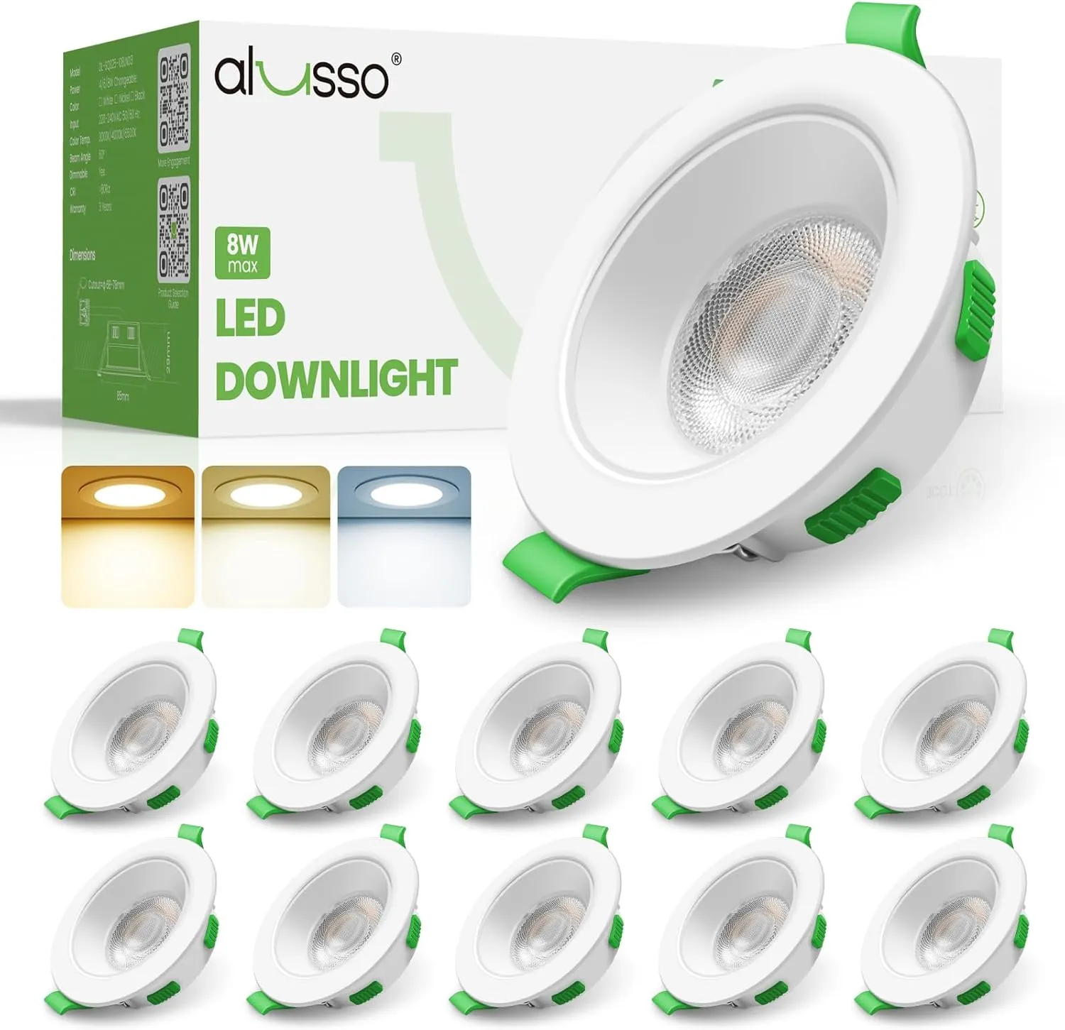 ALUSSO Anti-Glare LED Recessed Spotlight, 230 V, Dimmable, 68 mm Spots, 3WT, 4W, 6W, 8W Ceiling Spotlights, 3CCT 3000K …