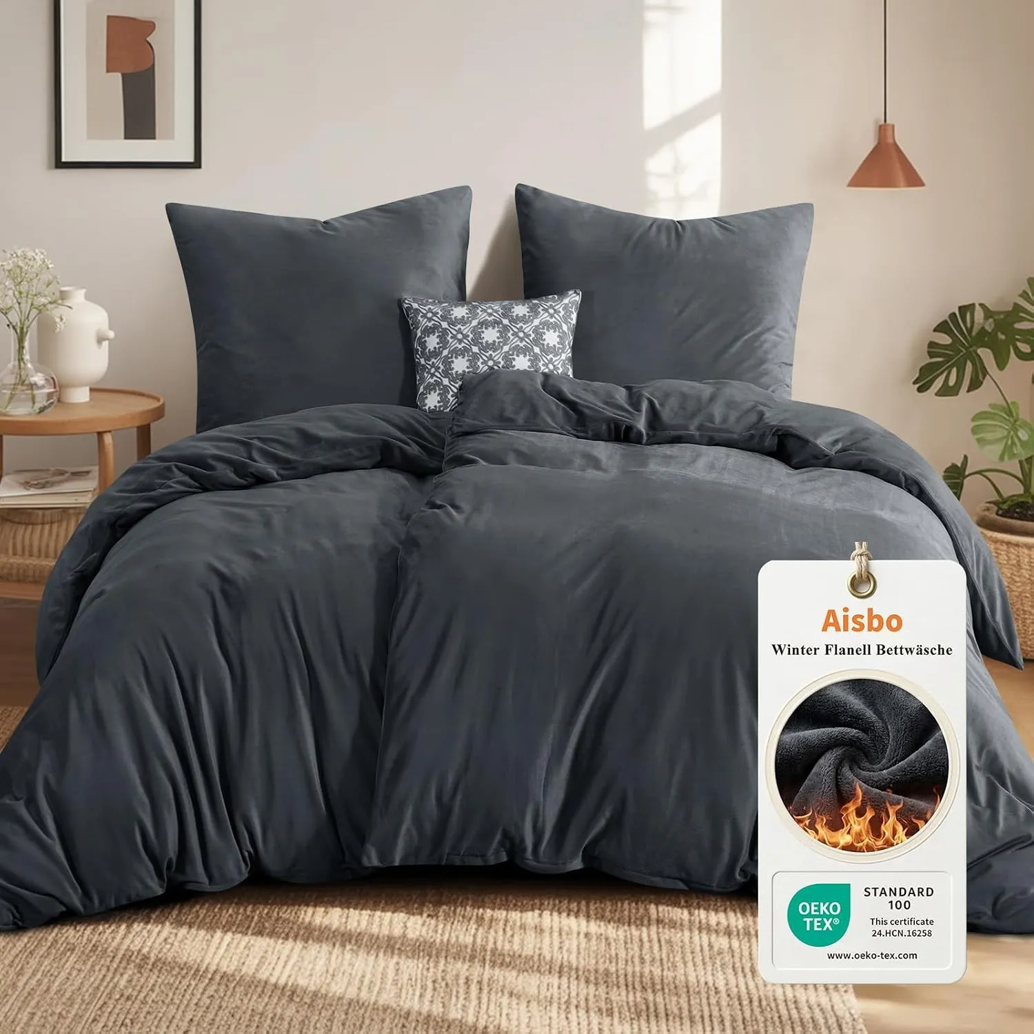 Aisbo Winter Plüsch Bettwäsche 135x200 4teilig Grau - Flanell Flauschige Warme Bettbezug 2er Set und 2 Kissenbezüge 80x…