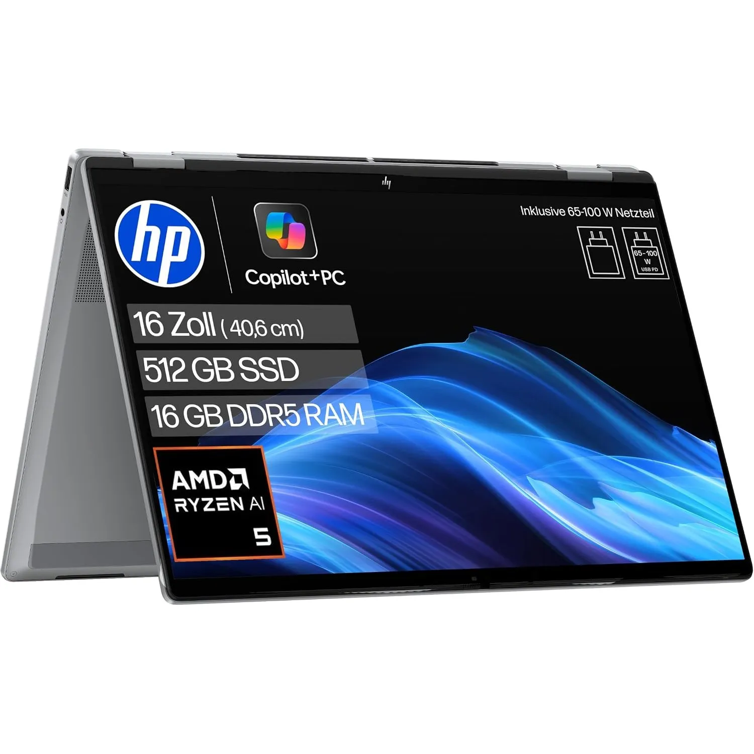 HP OmniBook X Flip, 16" WUXGA, AMD Ryzen AI 5, 16GB RAM, 512GB SSD
