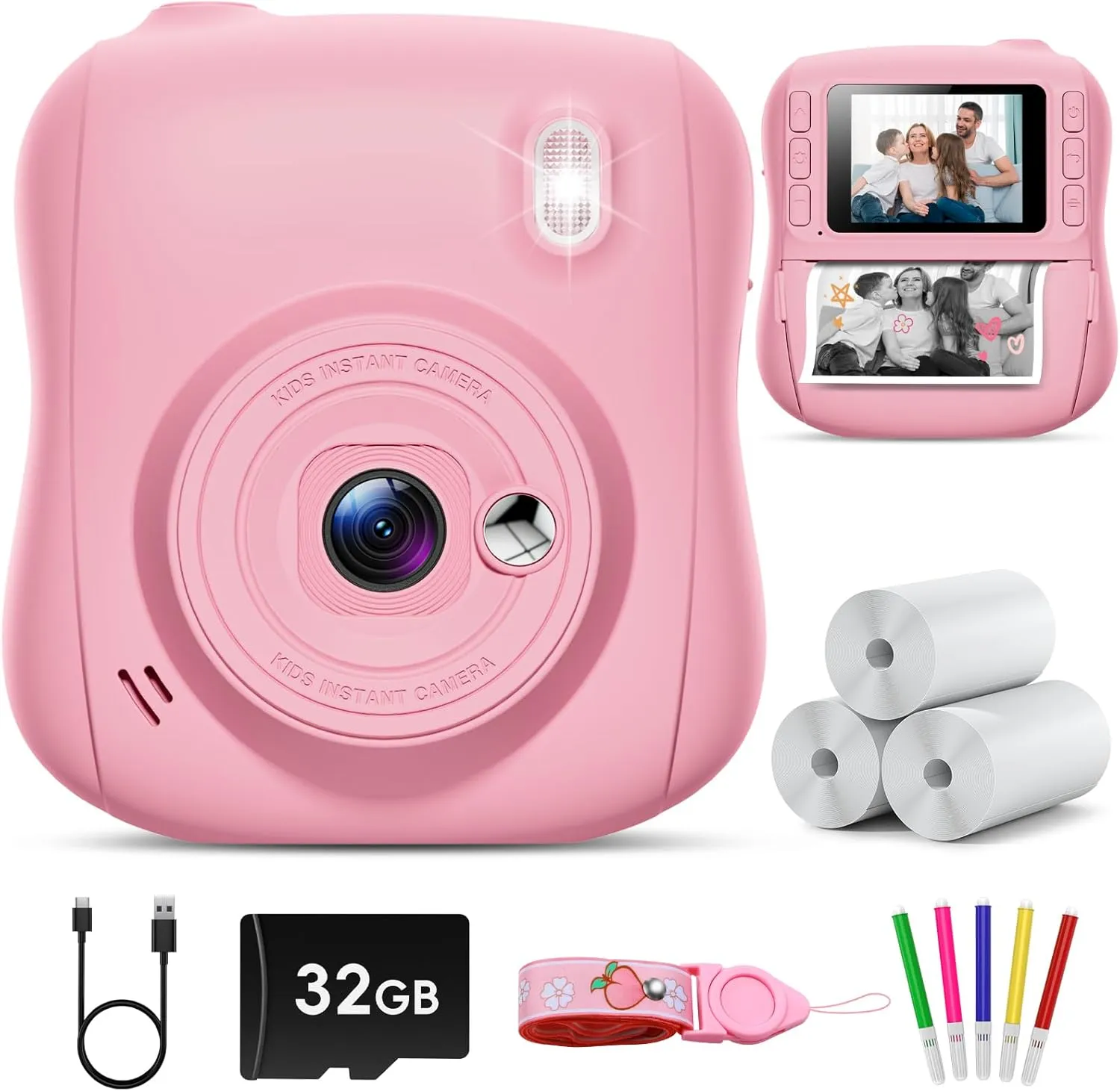 Hangrui Kinderkamera Sofortbildkamera, 14MP Sofortbildkamera Kinder mit 32G Karte & Druckpapier, 1080P Kamera Kinder So…