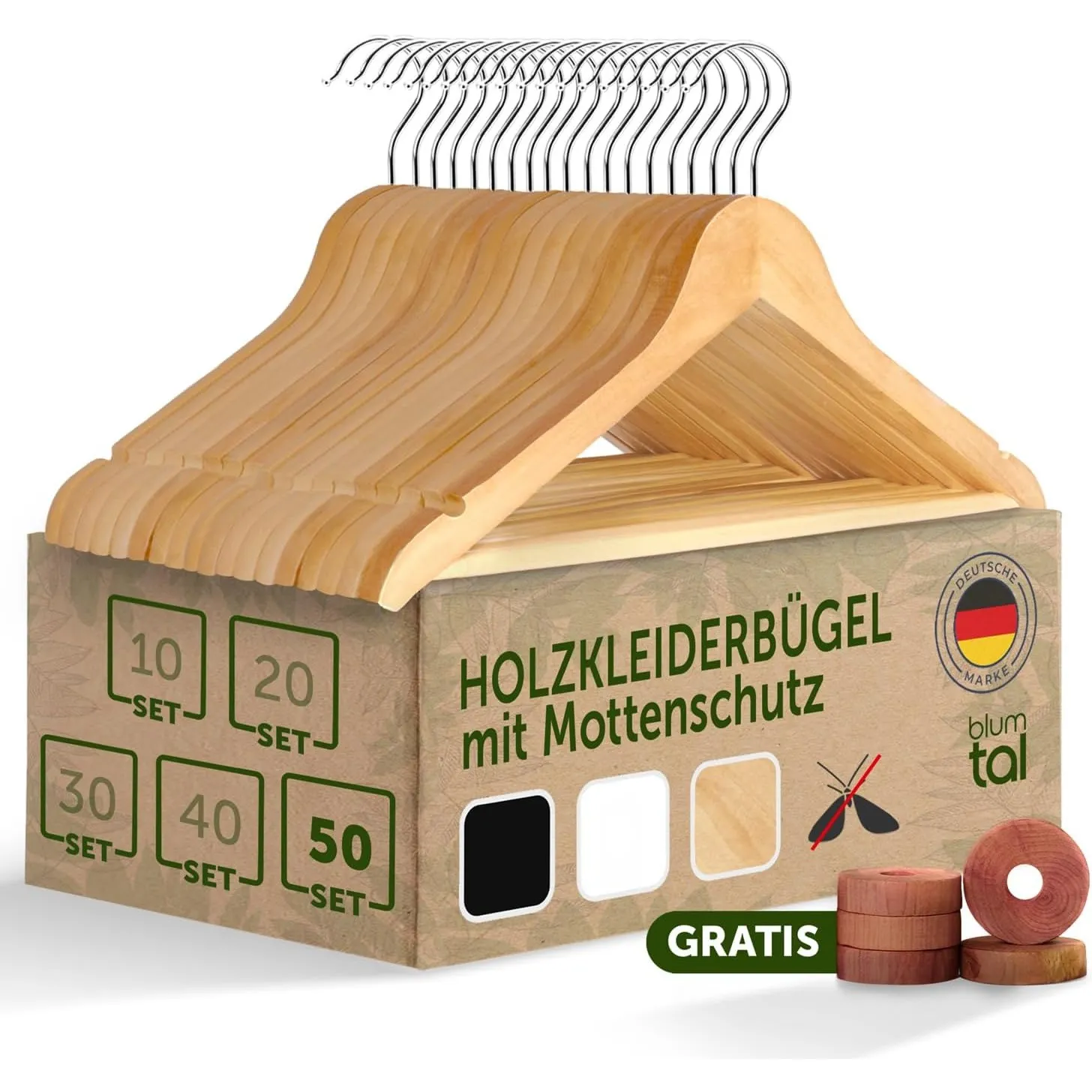 Blumtal Kleiderbügel Holz 50er Set - Holzbügel mit 360° drehbarem Metallhaken - Bügel aus robustem Holz mit Zedernholz …