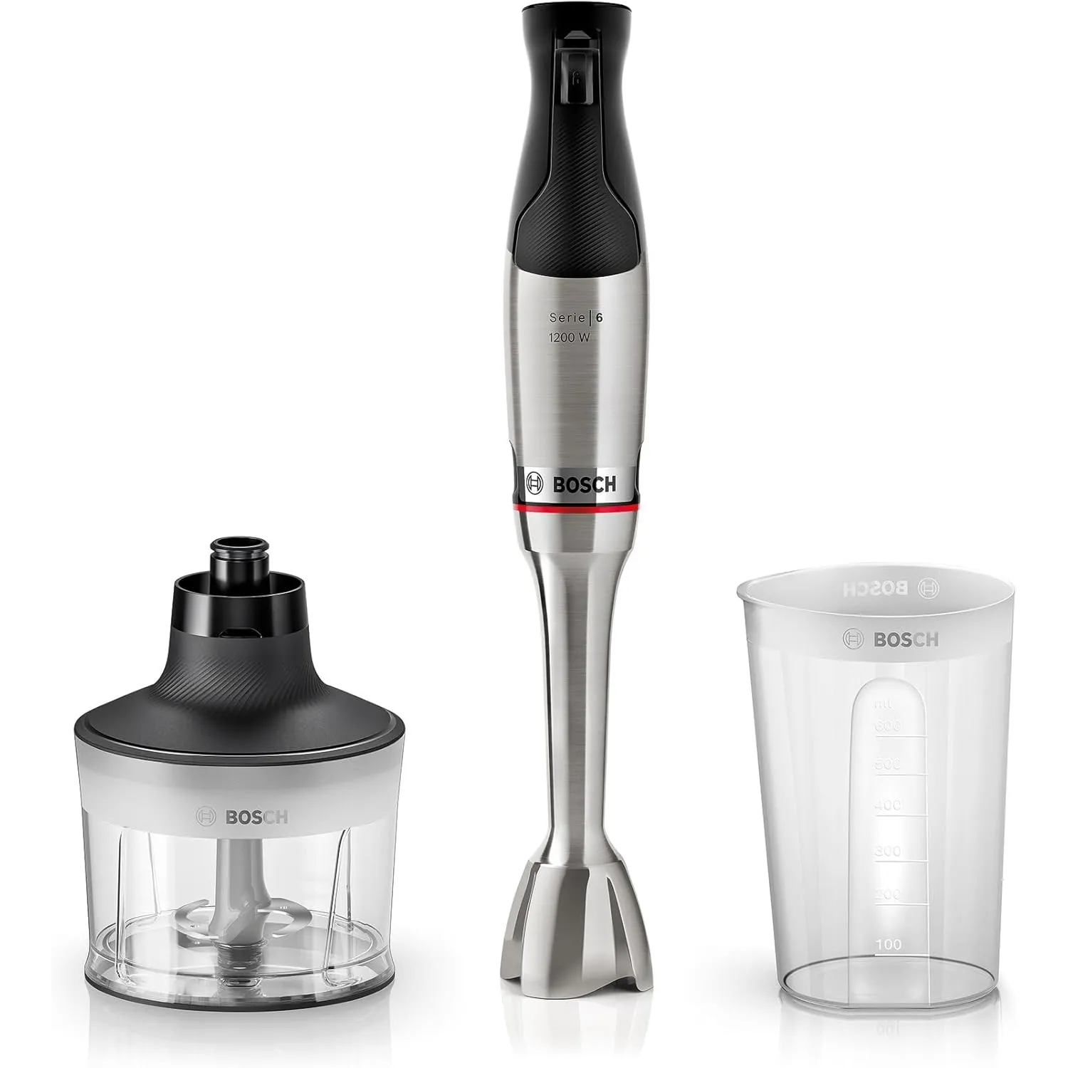 Bosch Stabmixer ErgoMaster Serie 6, Zerkleinerer, einhändig bedienbar, 4 Edelstahl-Klingen verschleißfreie Keramik-Kupp…