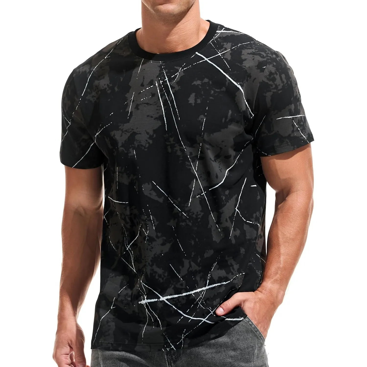 USALL Herren Sommer Bedrucktes‌ T-Shirt Baumwolle Männer Kurzarm Tshirt Men