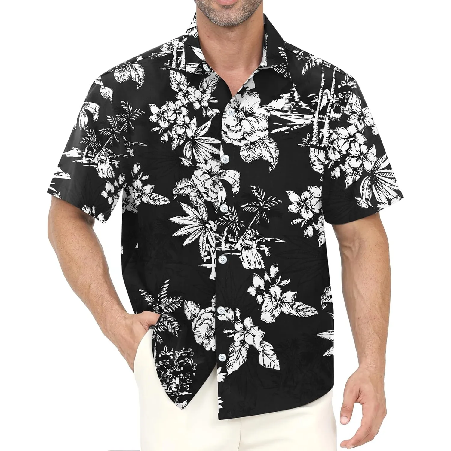 Hawaiihemd Männer Blumen Freizeit Strandhemd mit Brusttasche Atmungsaktiv Regular Fit Hawaii Shirt