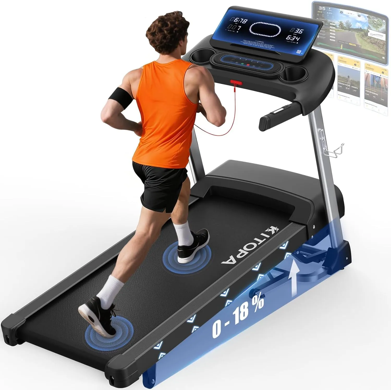 Kitopa Laufband für Zuhause, Treadmill bis 7PS und 20KM/H, Profi Große Lauffläche Laufband mit 18 Steigung, Laufbander …