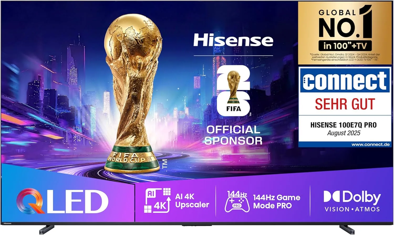 Hisense 100E7Q PRO Fernseher, 100 Zoll, 4K UHD QLED, Smart TV, 144Hz Game Mode, Filmmaker Mode, AMD FreeSync Premium, A…