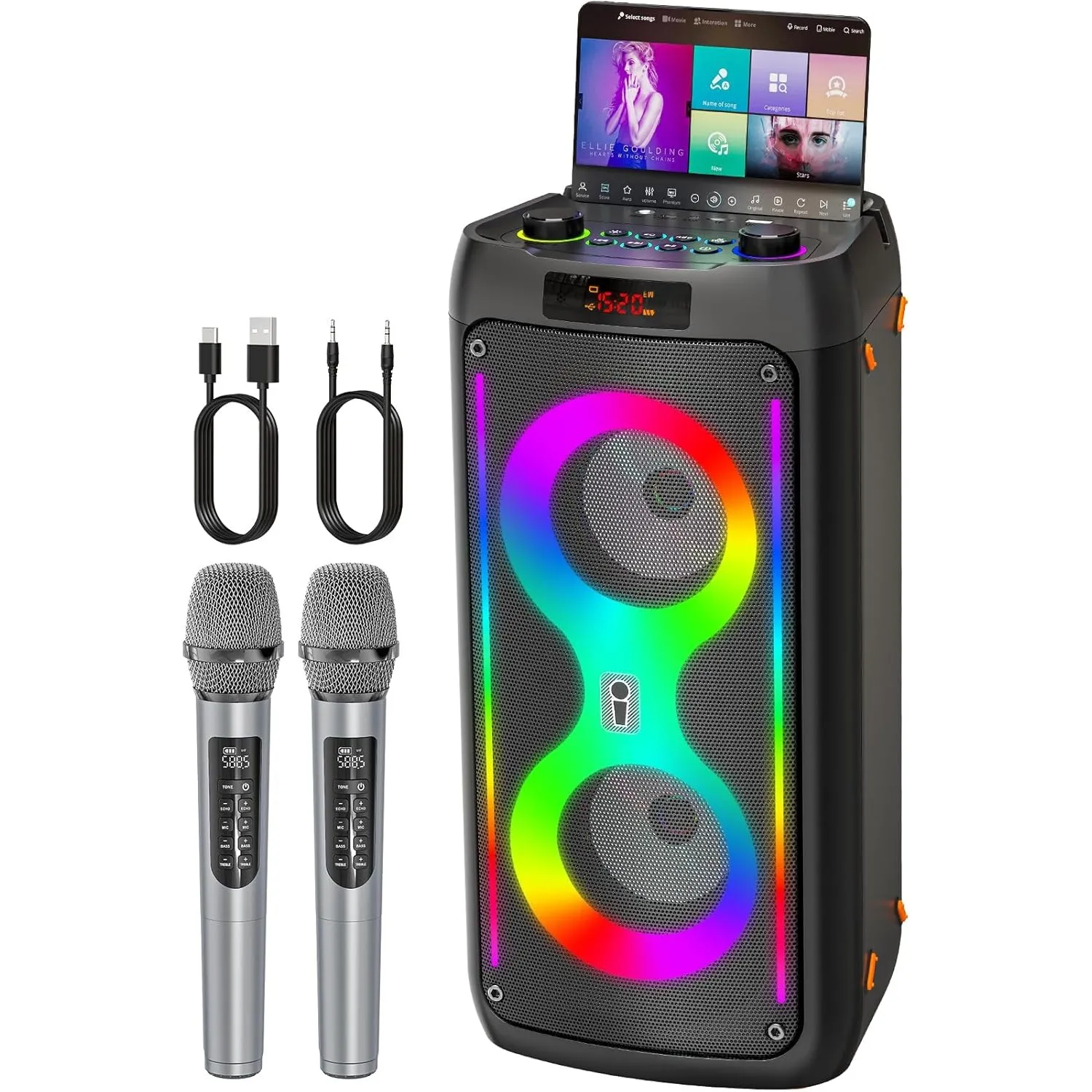 Karaoke-Maschine, Bluetooth-Lautsprecher mit 2 kabellosen Mikrofonen