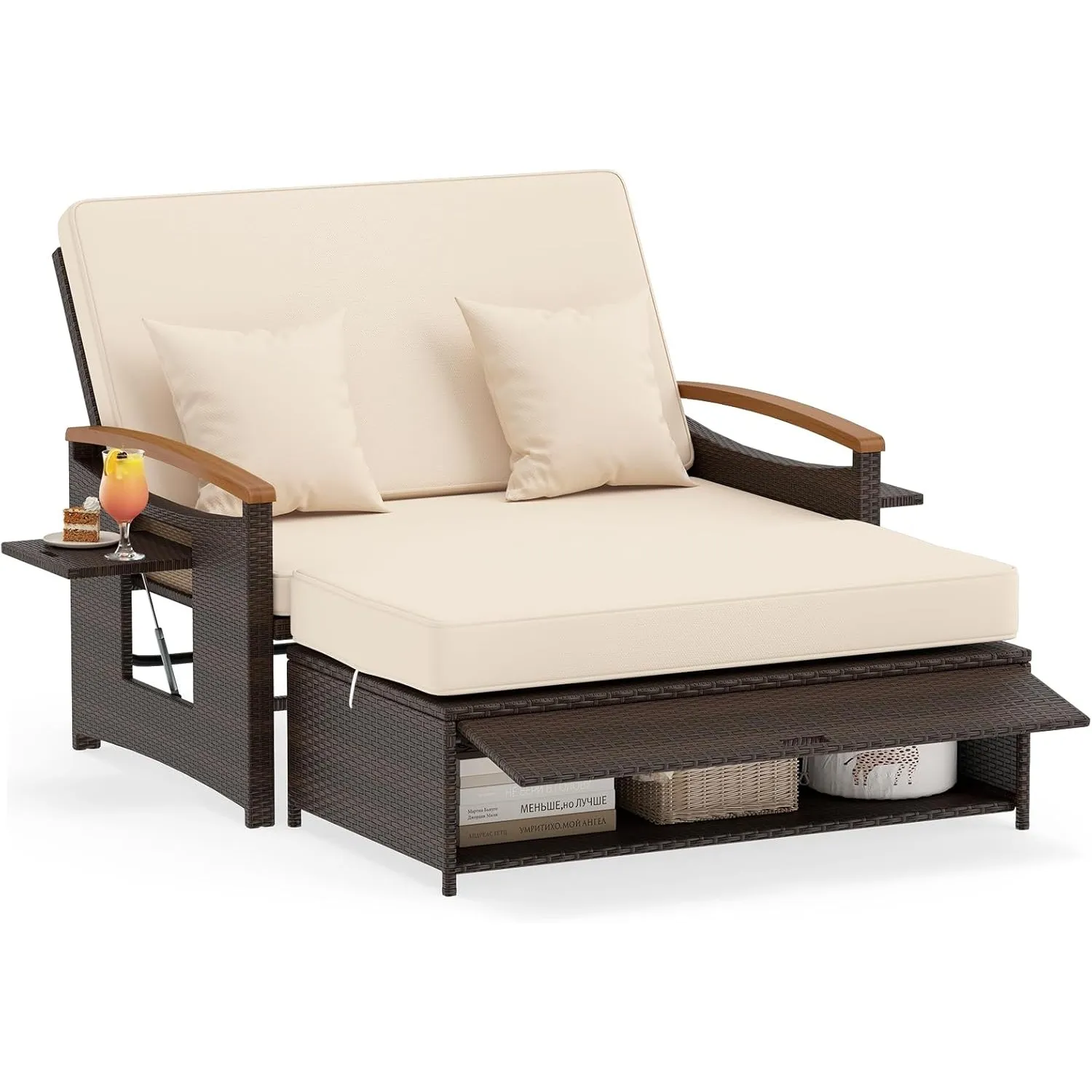 COSTWAY Rattan Lounge Sofa, Lounge Möbel Outdoor, Gartensofa mit Liegefunktion, 2-Sitzer Gartenlounge mit Kissen & Seit…