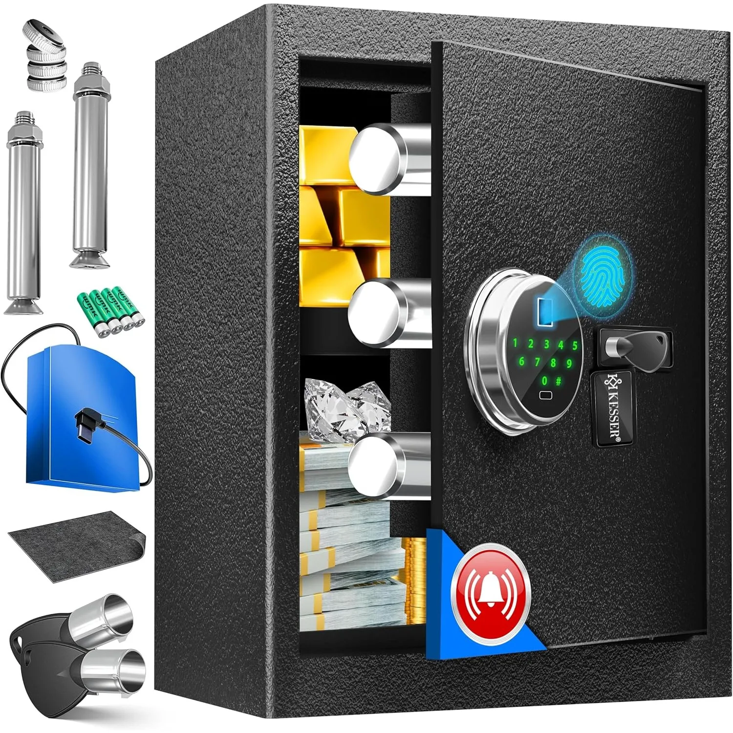 KESSER® Elektr. Tresor mit Fingerabdruck & Schlüssel XL | Inkl. Notfallakku | Elektronischer Safe | 3x Doppelbolzenverr…