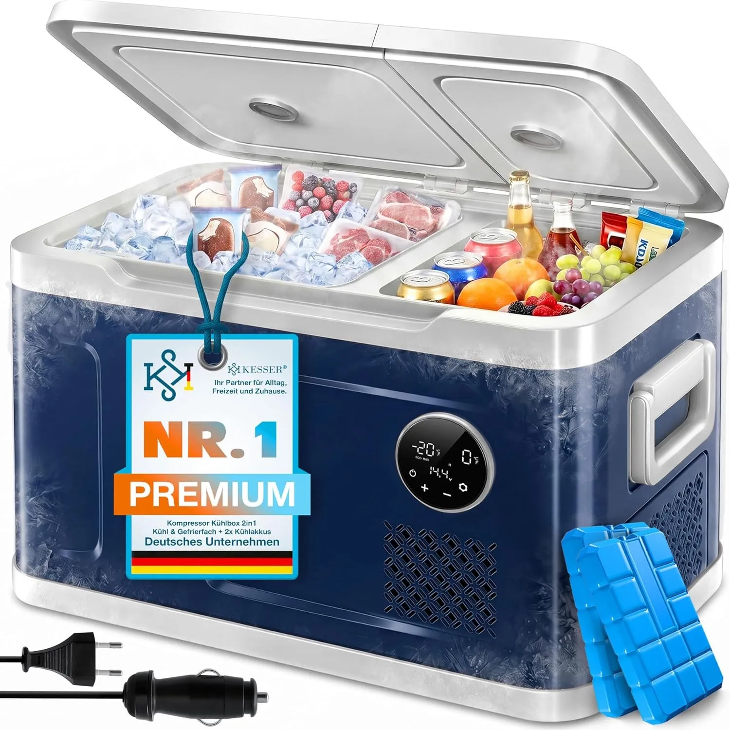 KESSER® Kompressor Kühlbox 2in1 Doppelzone Kühl & Gefrierfach elektrische Gefrierbox mit 2x Kühlakkus & LED-Touch-Bedie…