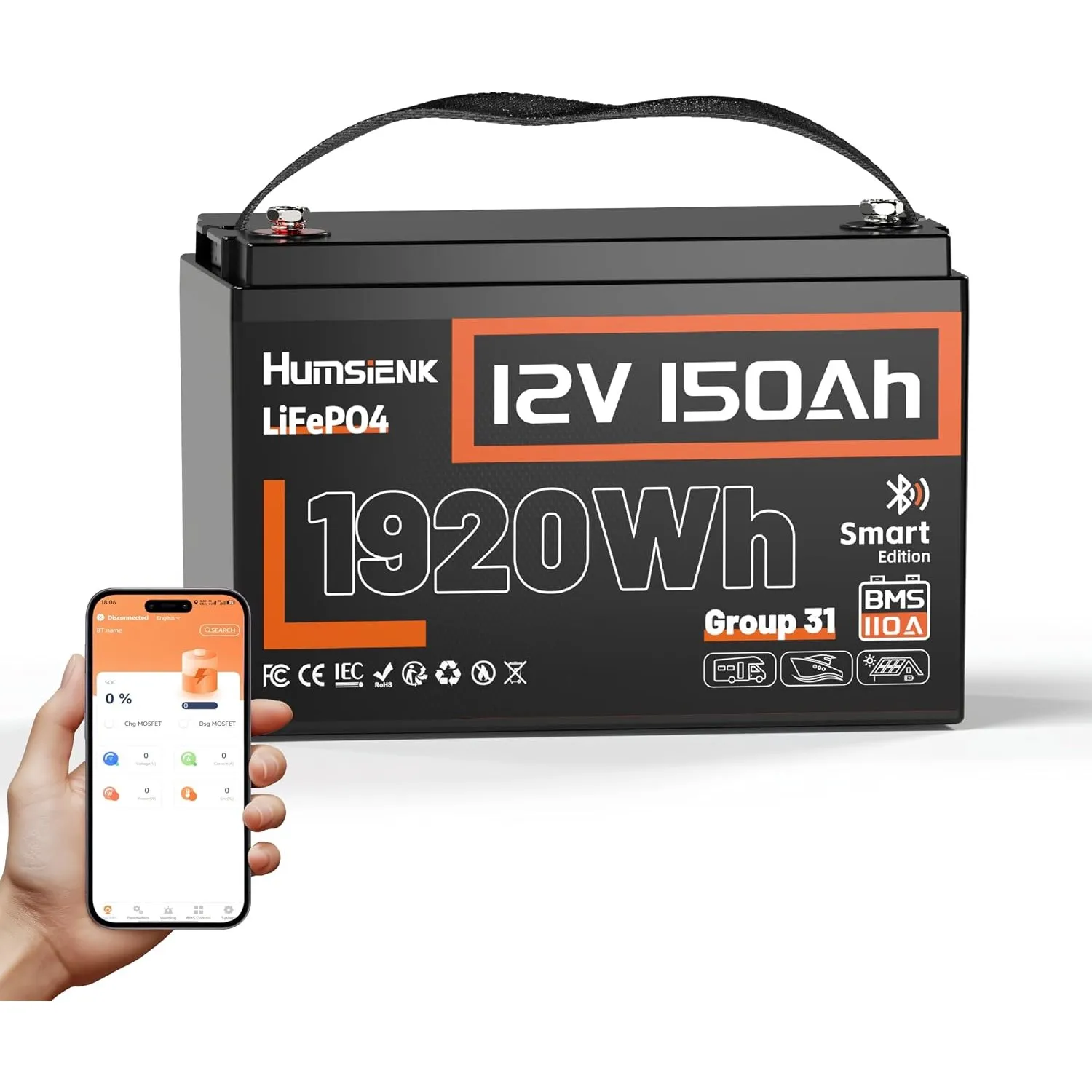 Humsienk 12V 150Ah LiFePO4 Batterie mit Bluetooth, 110A BMS 1920Wh Tiefzyklus Lithium Batterie, Niedrigtemperaturschutz…