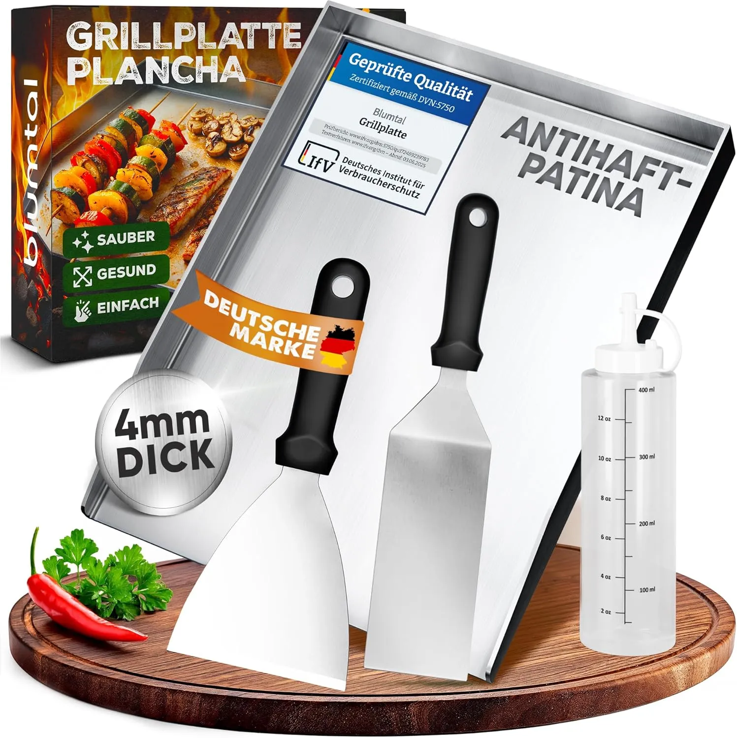 Blumtal Set Plancha Grillplatte Edelstahl inkl. 2 Grillspachteln & Ölflasche - 30x40 cm Plancha Grill Set für perfekte …