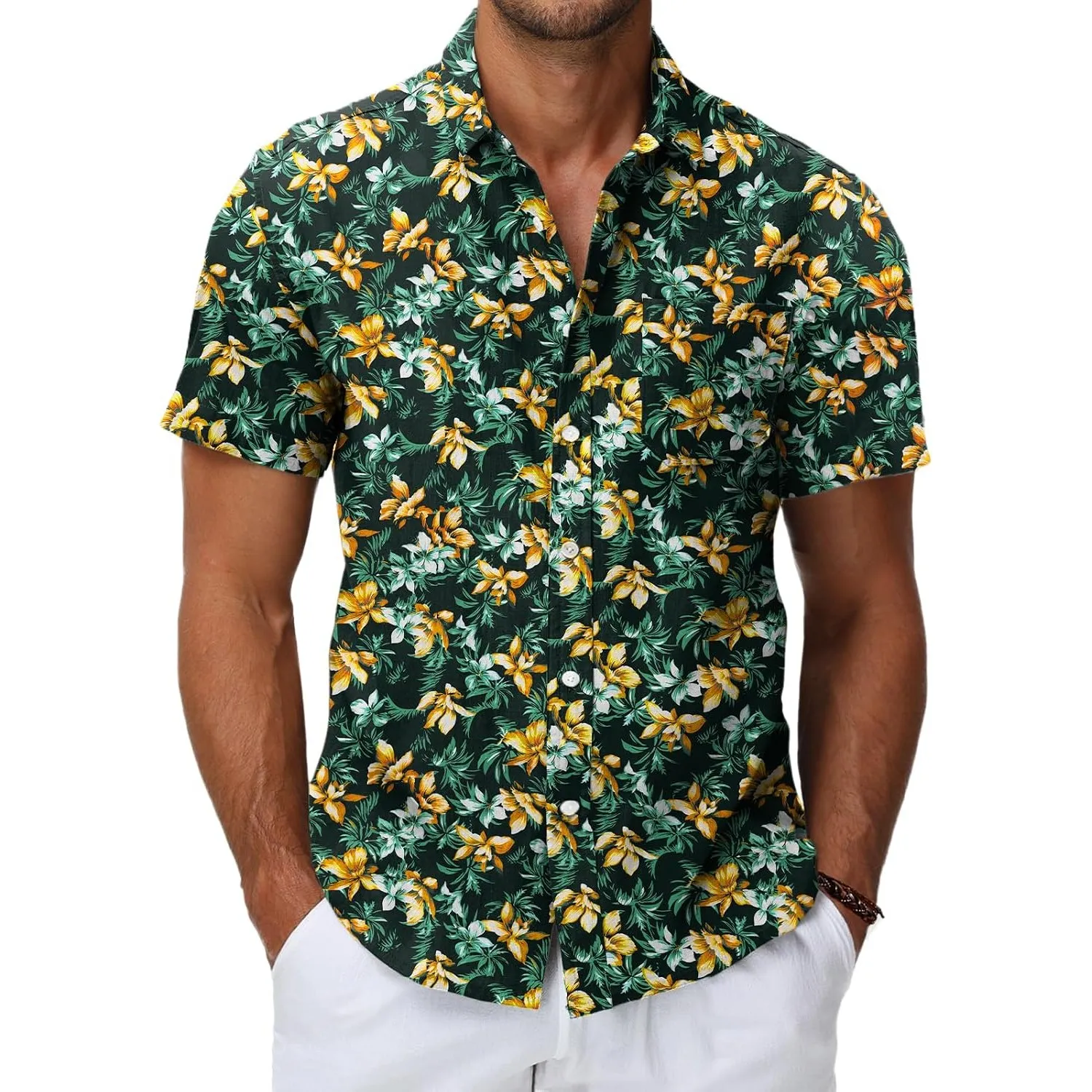 HMIYA Herren Hawaii Hemd Männer 100% Baumwolle Unisex Kurzarm Vordertasche Button Down Sommer Freizeit Urlaub Strand