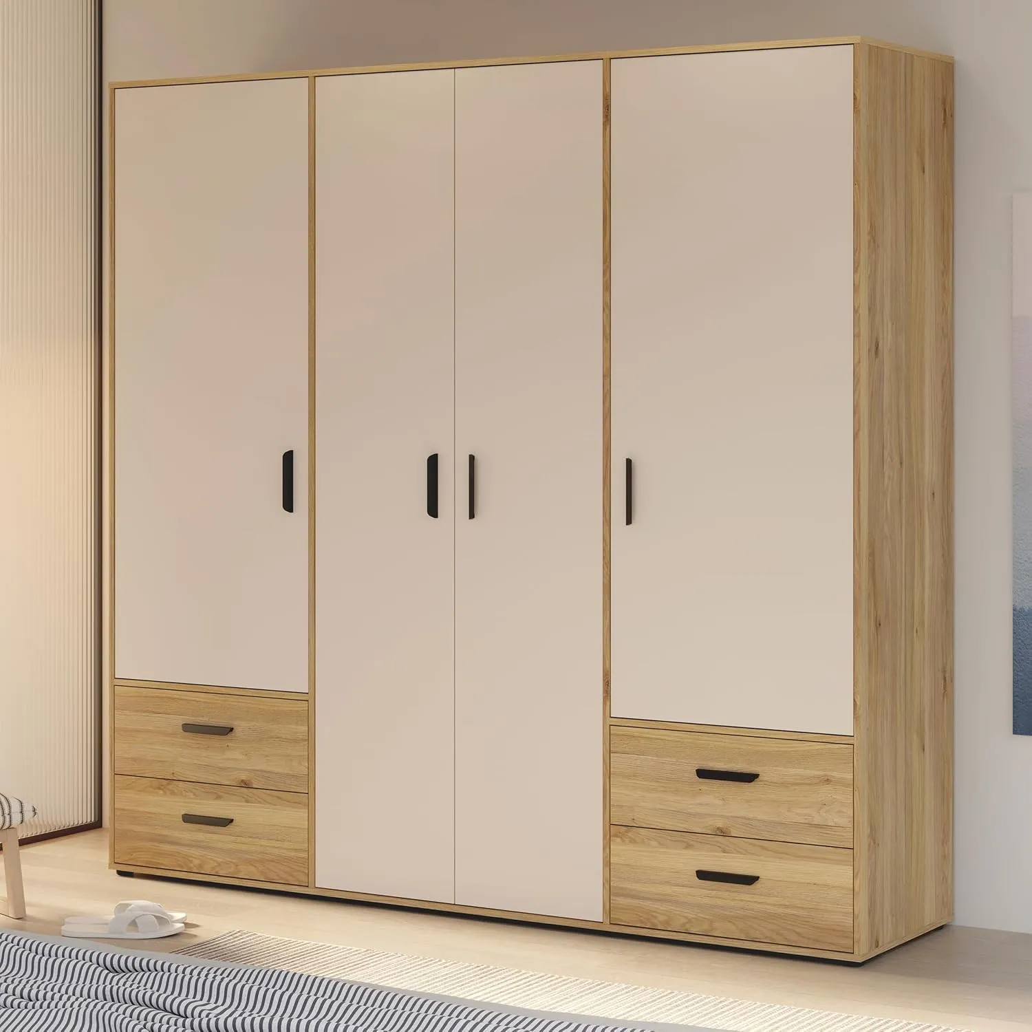 Forte Jupiter Kleiderschrank 200 210, Schrank mit 4 Drehtüren und 4 Schubladen, Kaschmir/Beige, Sand/Mauvella Eiche Dek…