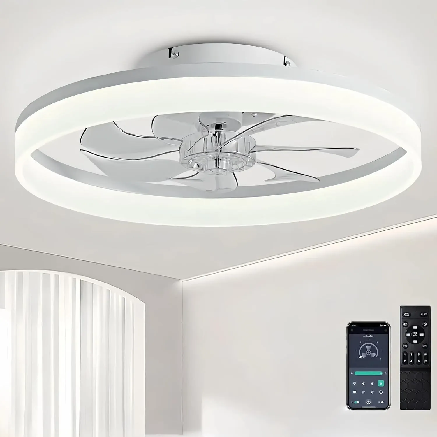 50cm Deckenventilator Mit Beleuchtung 48W 220V Dimmbare Deckenleuchte Mit Fernbedienung Und APP 6 Geschwindigkeiten Lam…