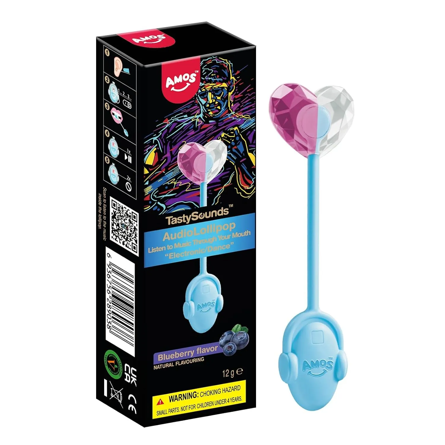 AMOS Musik Bonbon Audio-Süßigkeit Blaubeere Vegan, Zuckerfrei