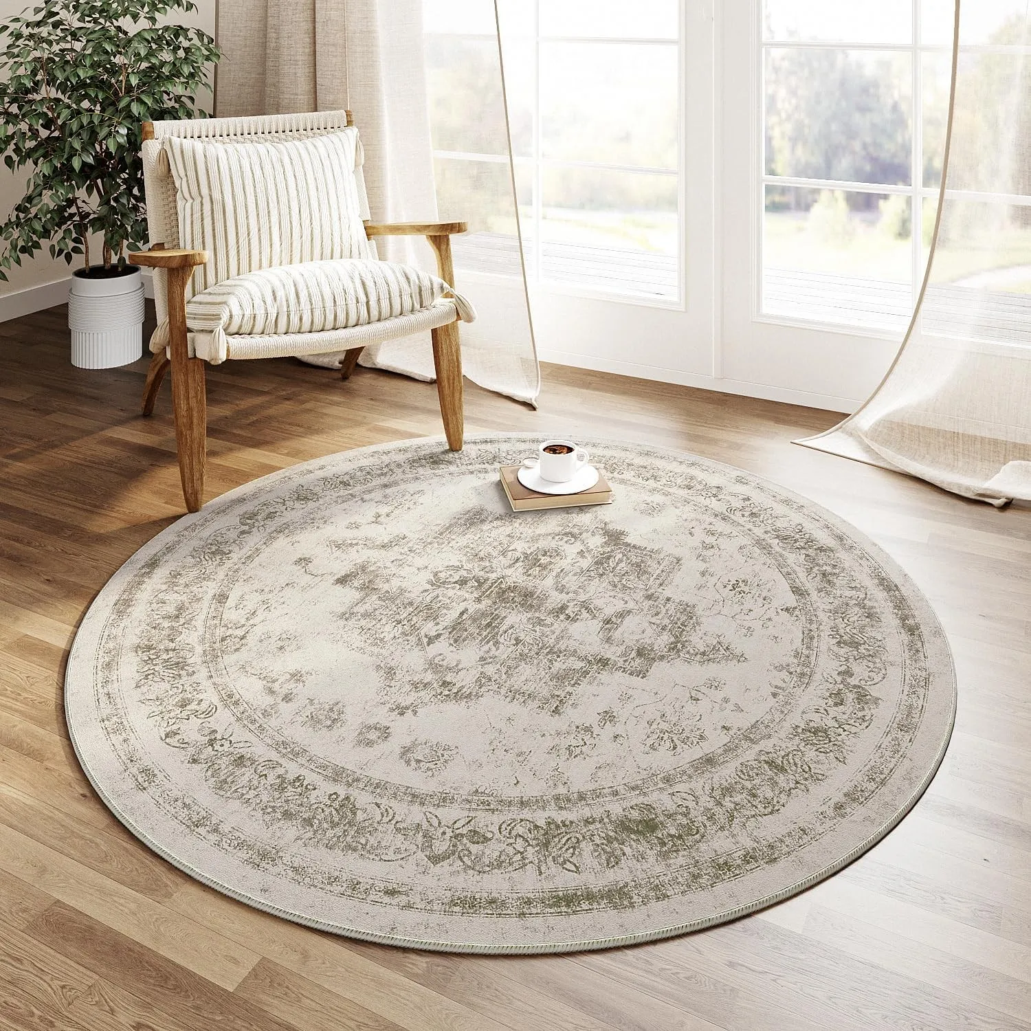 HUGEAR Vintage Waschbarer Teppich Rund 150cm Runder Wohnzimmer Schlafzimmer Beige Rutschfester Tepich Kurzflor Schlafzi…