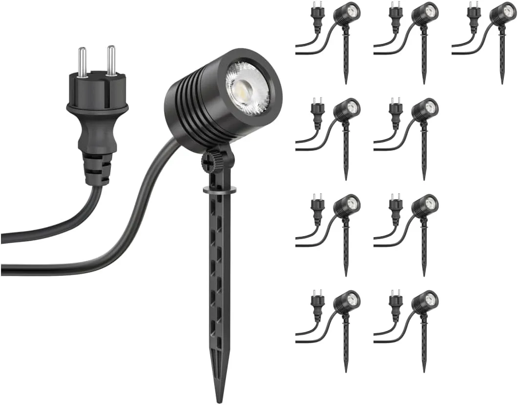 ledscom.de 10 Stück Kleiner LED Gartenstrahler mit Erdspieß TARL für außen, IP65, Stecker, schwarz, 4,3 W, 340lm, warmw…