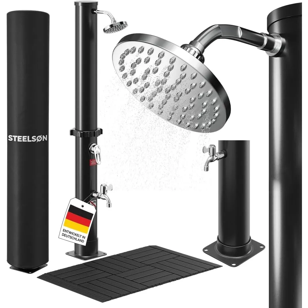 STEELSØN Velion Solardusche Garten 20 L – Solar Gartendusche 60° mit Bodenplatte – Außendusche schwarz Winterfest – Poo…