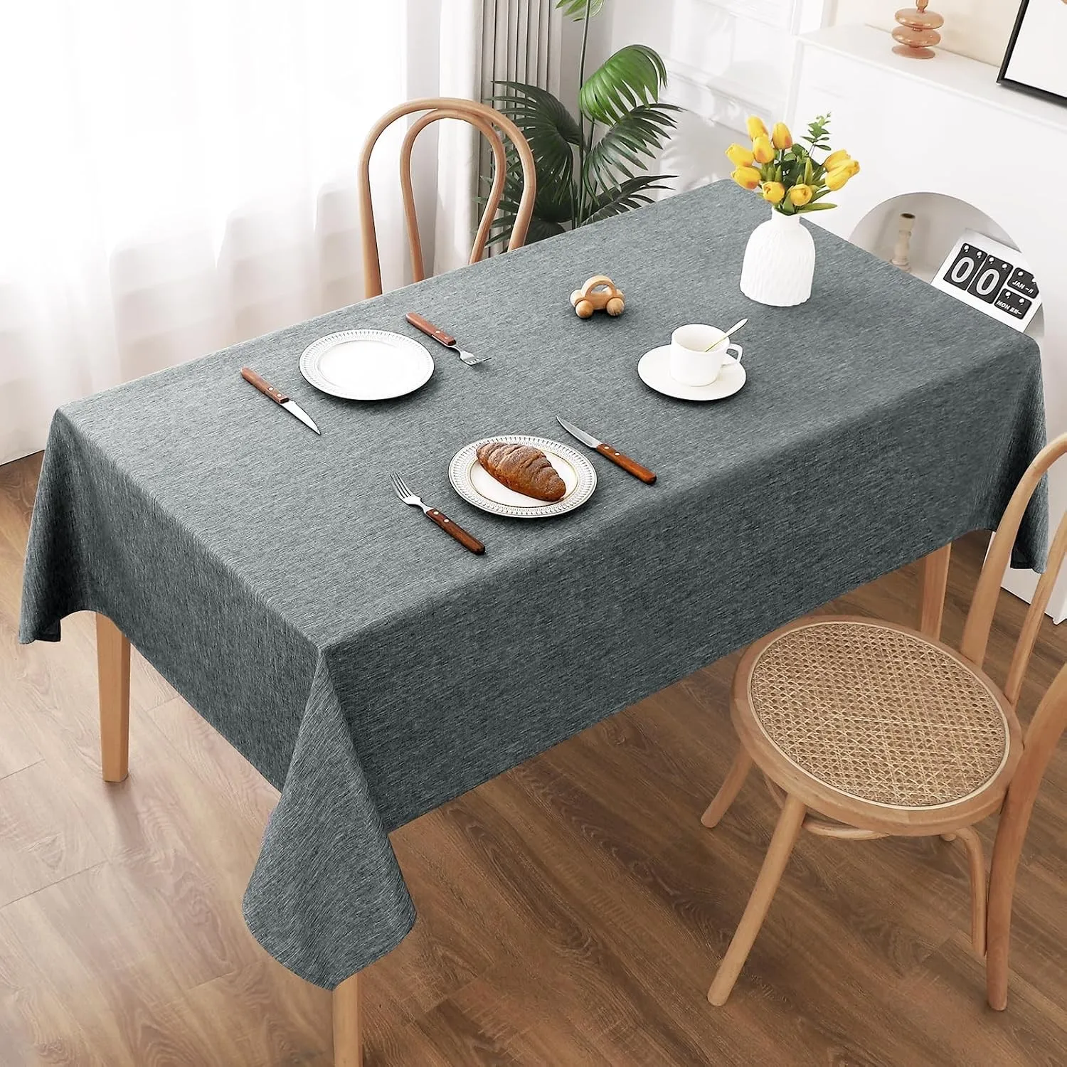 AooHome Tischdecke Abwaschbar, Grau Tischdecken 140x280cm Leinen-Optik Tischtuch aus Polyester Wasserabweisend mit Lotu…