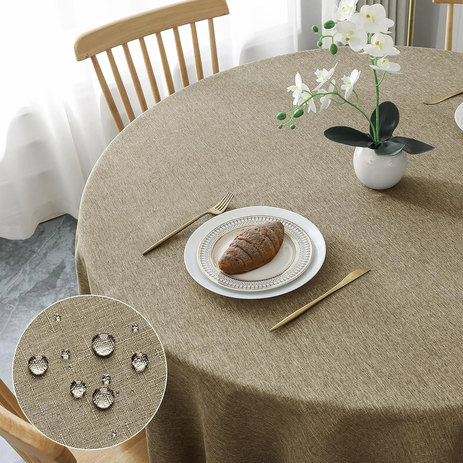 AooHome Tischdecke Rund Φ100cm, Mokka Leinen-Optik Tischdecken Abwaschbar Tischtuch aus Polyester Wasserabweisend mit L…