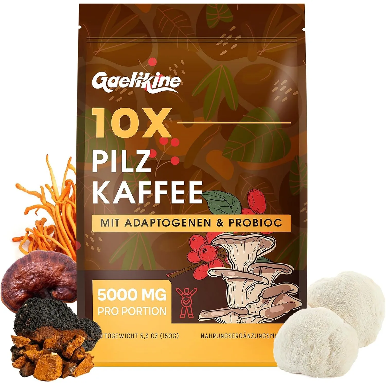 Pilzkaffee – Mushroom Coffee mit 10 Pilzen, Adaptogenen & Probiotika, Instant-Arabica-Kaffee mit Löwenmähne, Chaga, Rei…