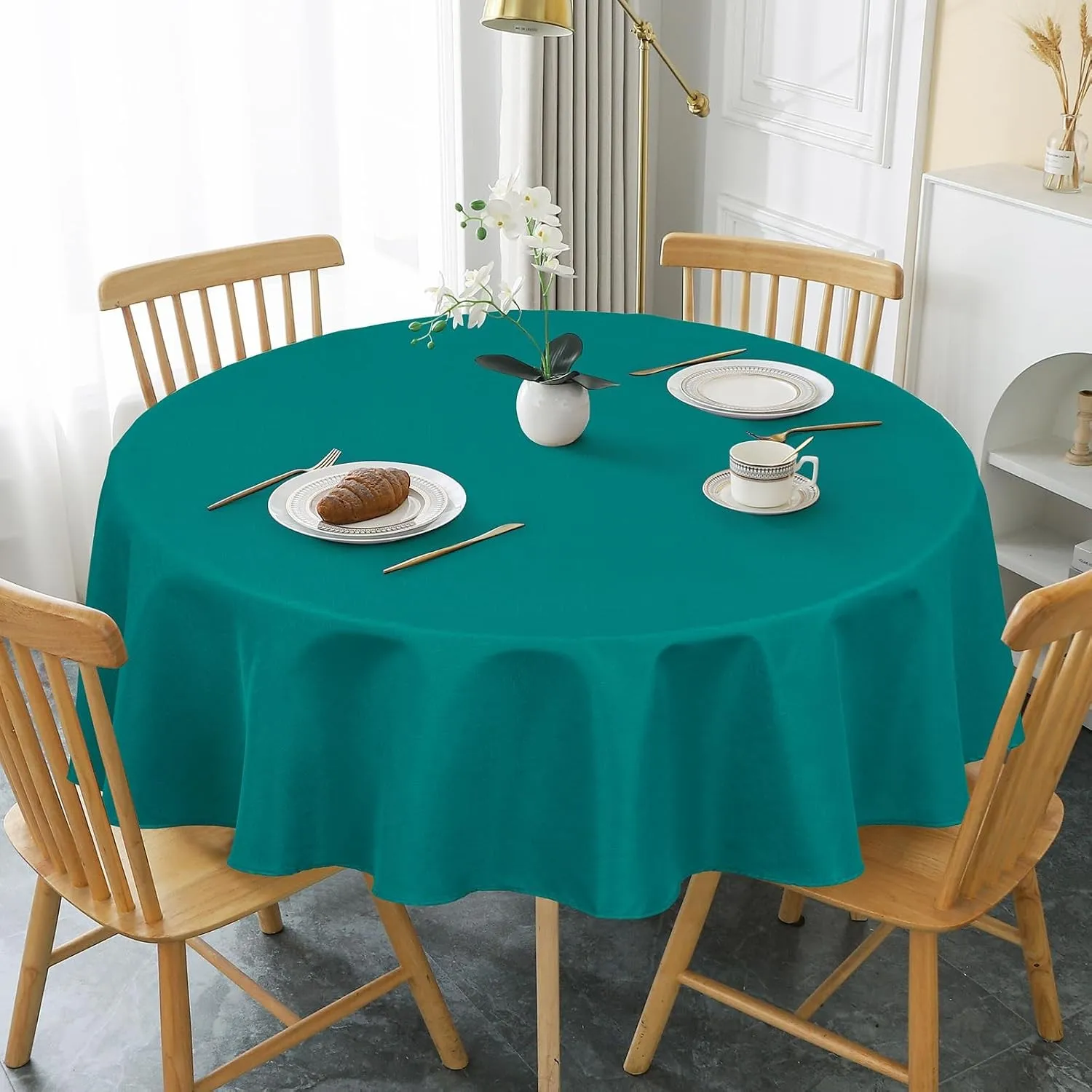 AooHome Tischdecke Rund Φ160cm, Blaugrün Leinen-Optik Tischdecken Abwaschbar Tischtuch aus Polyester Wasserabweisend mi…