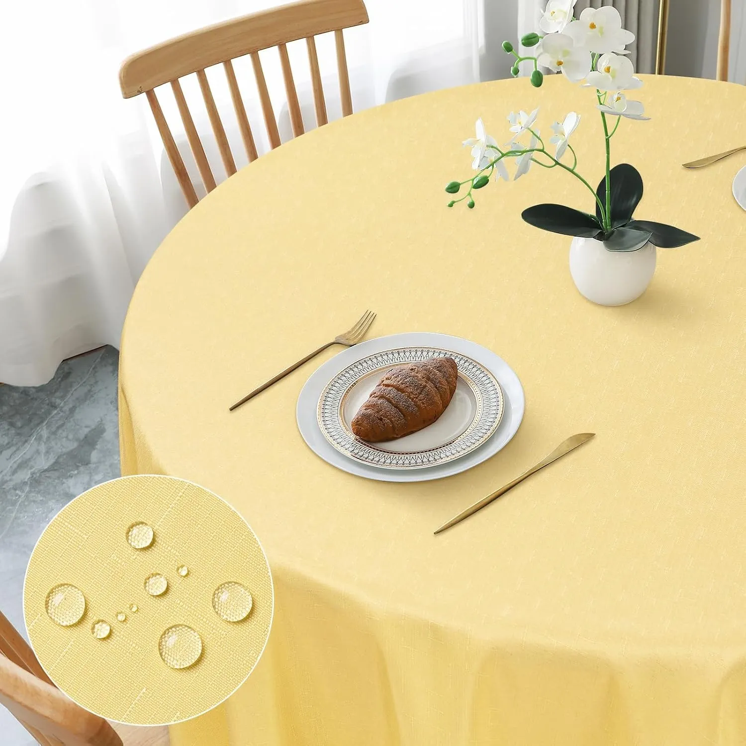 AooHome Tischdecke Rund Φ100cm, Gelb Leinen-Optik Tischdecken Abwaschbar Tischtuch aus Polyester Wasserabweisend mit Lo…