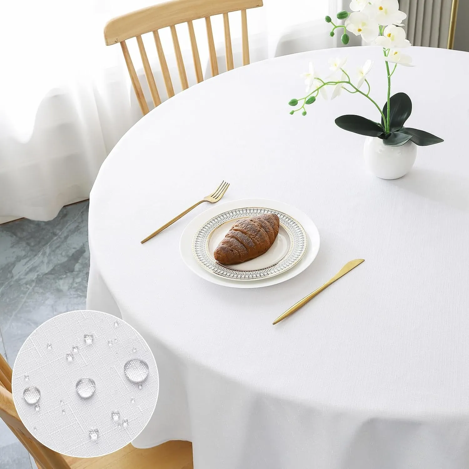 AooHome Tischdecke Rund Φ100cm, Weiß Leinen-Optik Tischdecken Abwaschbar Tischtuch aus Polyester Wasserabweisend mit Lo…