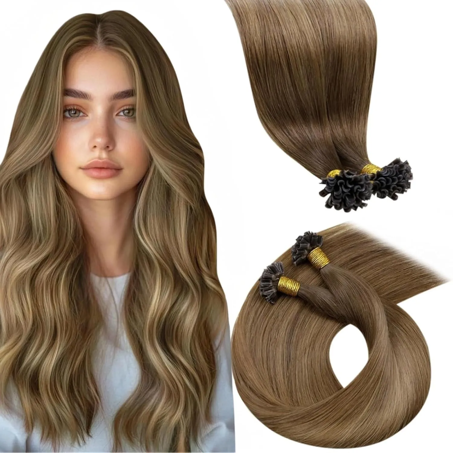 LaaVoo Extensions Echthaar Keratin Bondings Ombre Braun Echthaar Extensions Bondings Nail Tips Mittelbraun Balayage Hel…