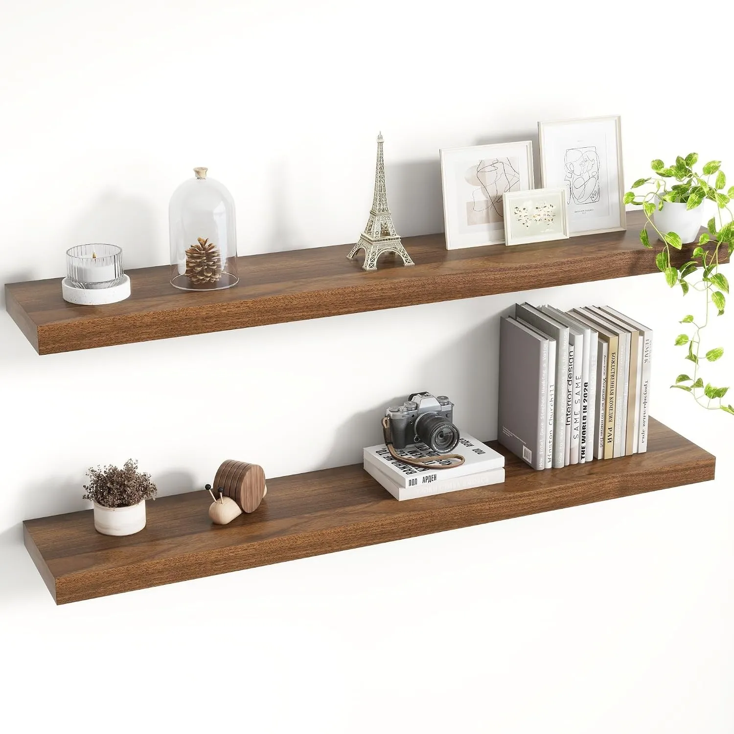 Acovy 100 cm Schweberegale 2er Set, 19,5 cm Tiefe Nussbaumoptik Wandregale