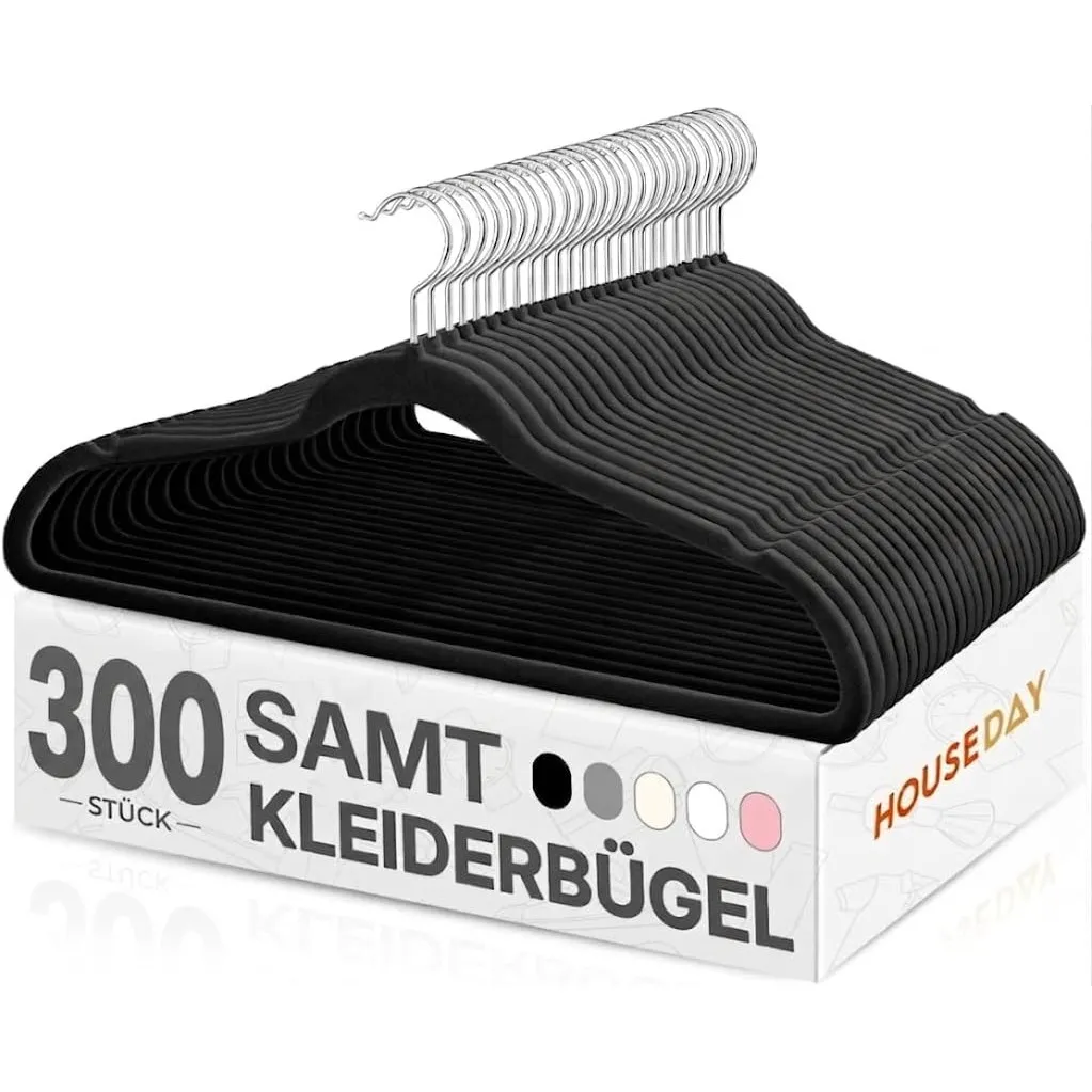 HOUSE DAY Kleiderbügel Samt 300 Stück, Kleiderbügel Platzsparend, Schwarz
