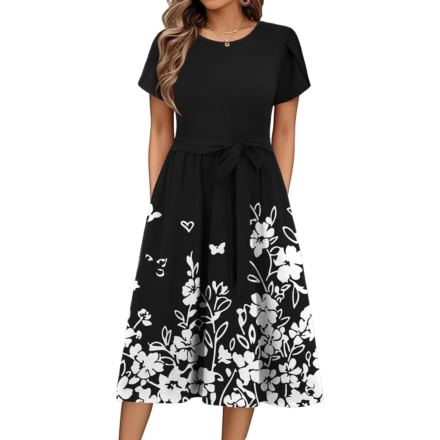 Zeagoo Sommerkleid Damen Elegant Midikleid A-Linie Strandkleid mit Taschen | Kleid Damen | Rundhals Kleider | Freizeitk…