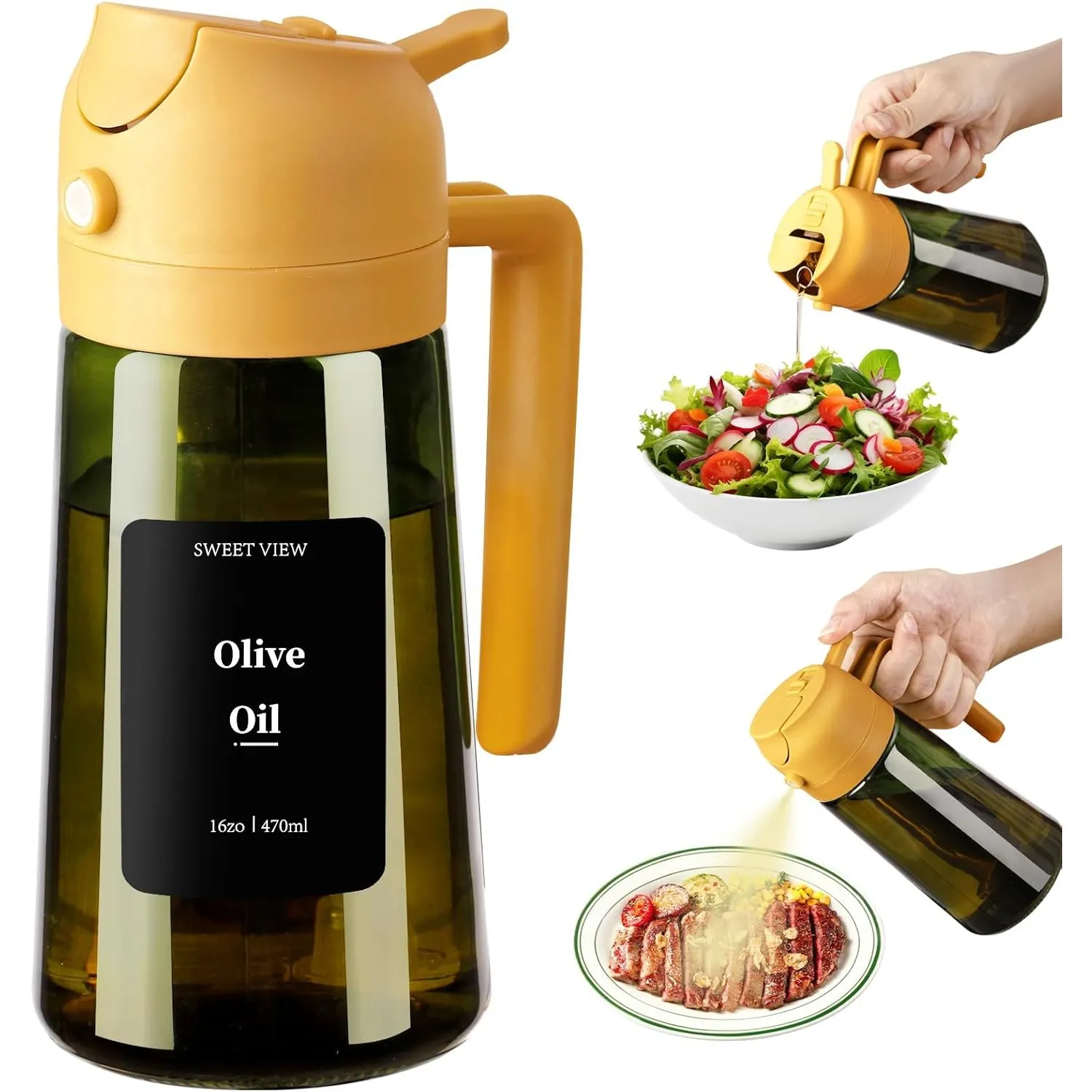 SWEET VIEW Olivenölspender und Ölsprüher 470 ml | Glas-Ölausgießer für Küche, Luftfritteuse, Kochen, Salat und Grillen,…