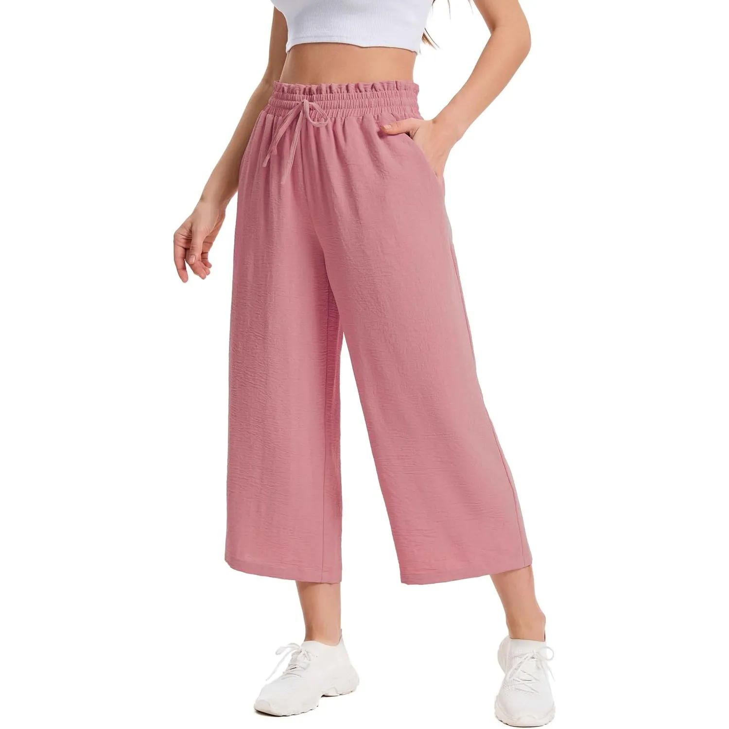 Damen 3/4 Culotte Hose Leichte Sommerhose mit Taschen | Atmungsaktives Stoff Caprihose für Damen