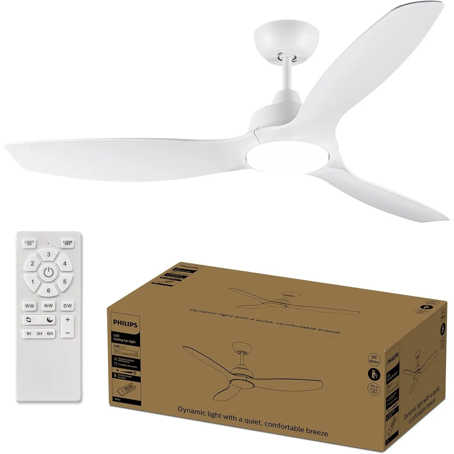 PHILIPS Deckenventilator mit festem Flügel, 3 Flügel, groß (52"), 28 W LED-Licht, Gleichstrommotor, Farbtemperaturberei…