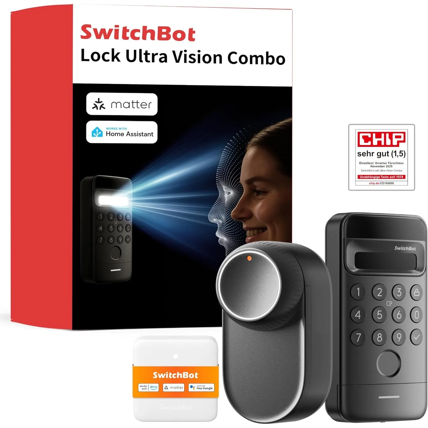 SwitchBot Smart Lock Ultra mit 3D-Gesichtserkennung&Fingerabdruck für Haustür – Elektronisches Türschloss zum Nachrüste…