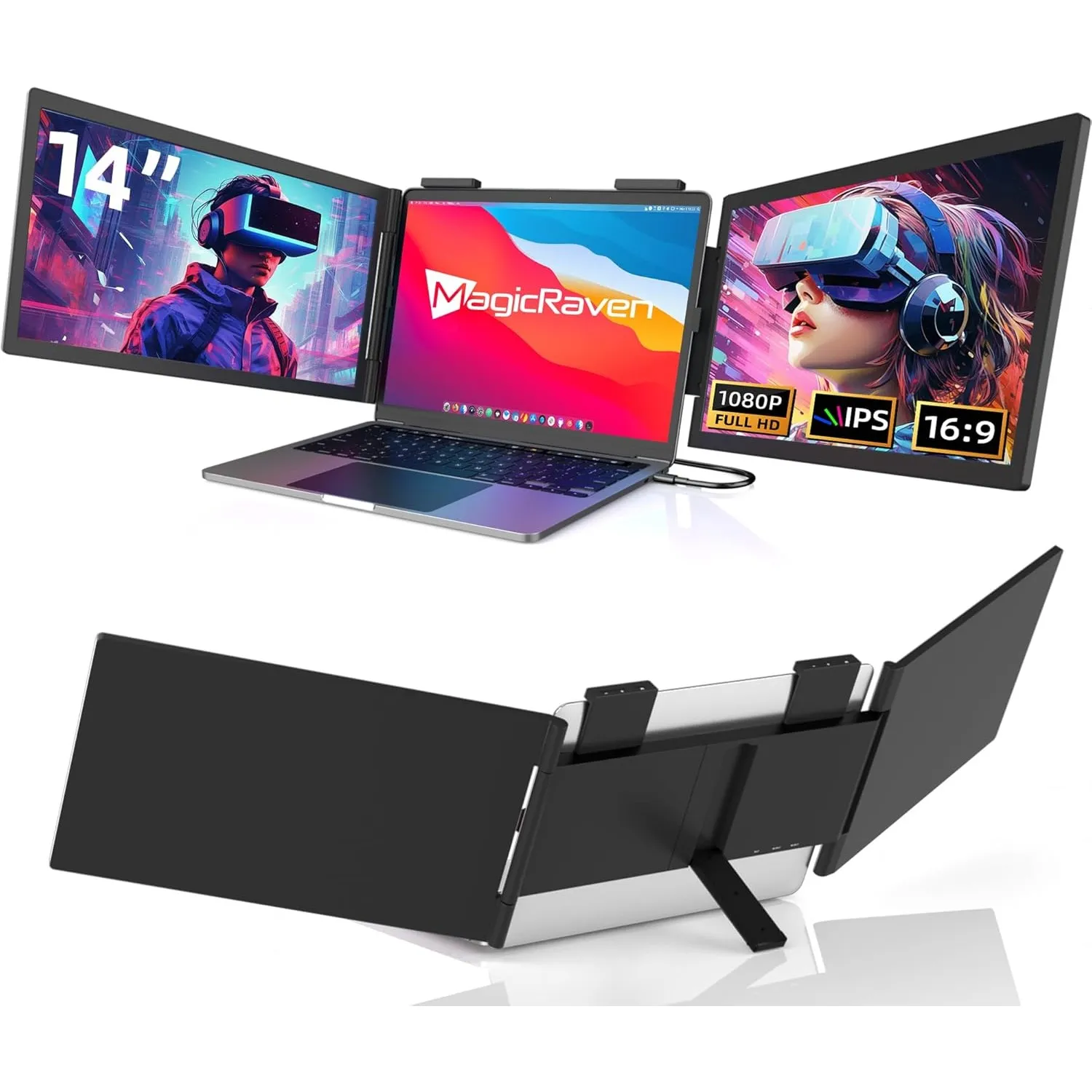 Laptop Bildschirm Erweiterung, 14" FHD 1080P Triple Portable Monitor, Tragbarer Monitor für Laptop 14"-16", USB C Monit…