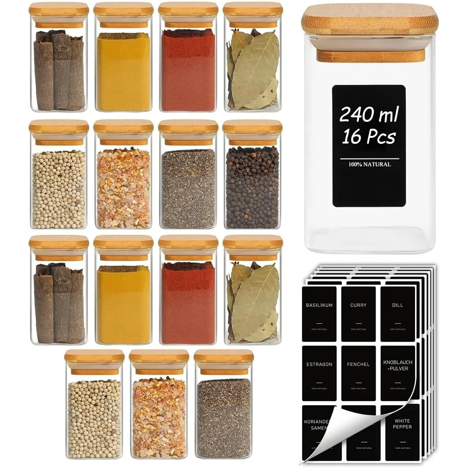 ComSaf Vorratsgläser, Glasbehälter mit Deckel, Vorratsdosen Glas 240 ml×16, Eckig Bambusdeckel, Gewürzgläser Gewürzdose…