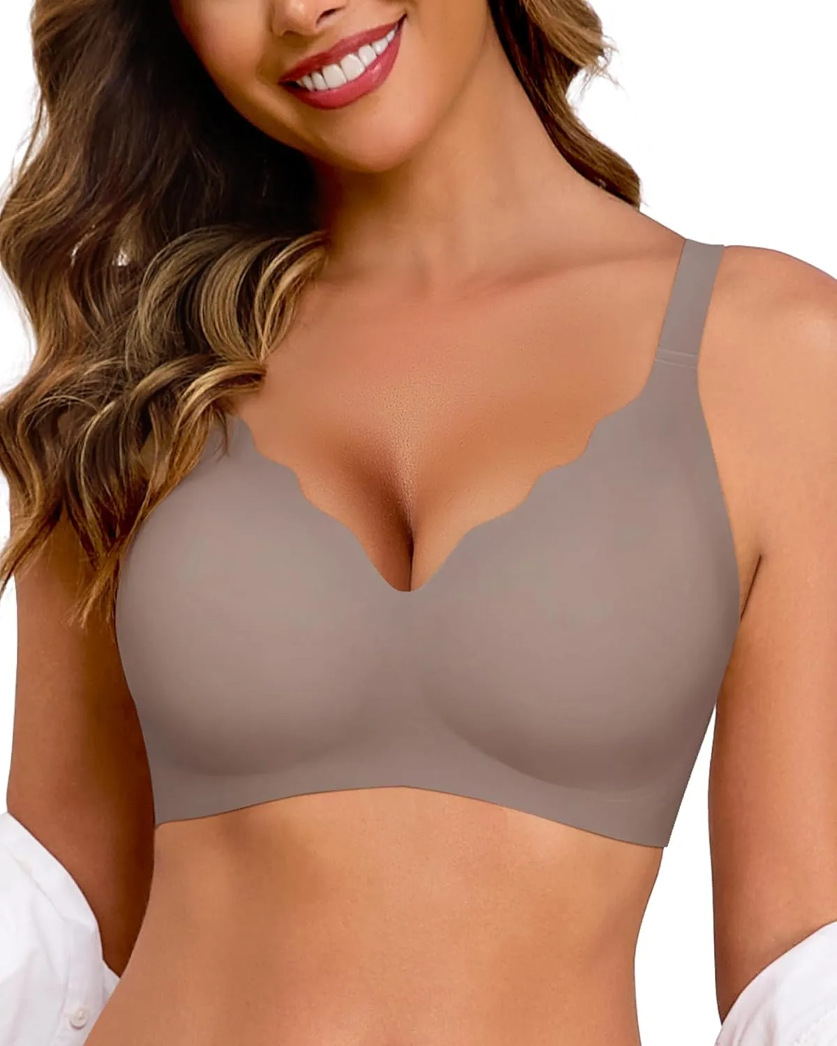 HORISUN Ohne Bügel BH für Damen, Nahtloser Bequemer V-Ausschnitt Vollständiger Bralette für Große Brüste mit Unterstütz…